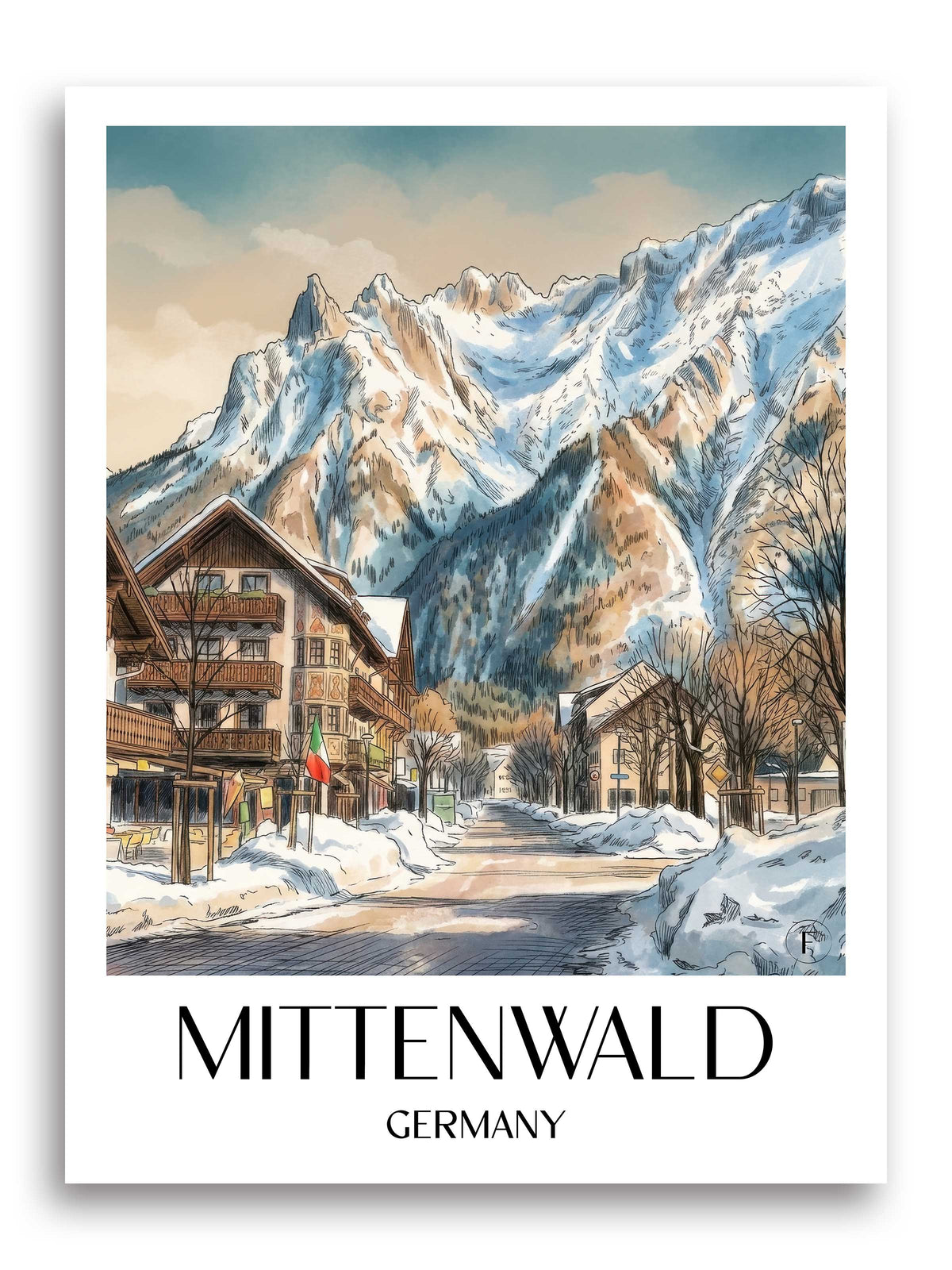 Mittenwald (im Winter) Poster - Werdenfelser Land - Deutschland Kunstdruck - Aquarell von A4 bis A1 - favplace