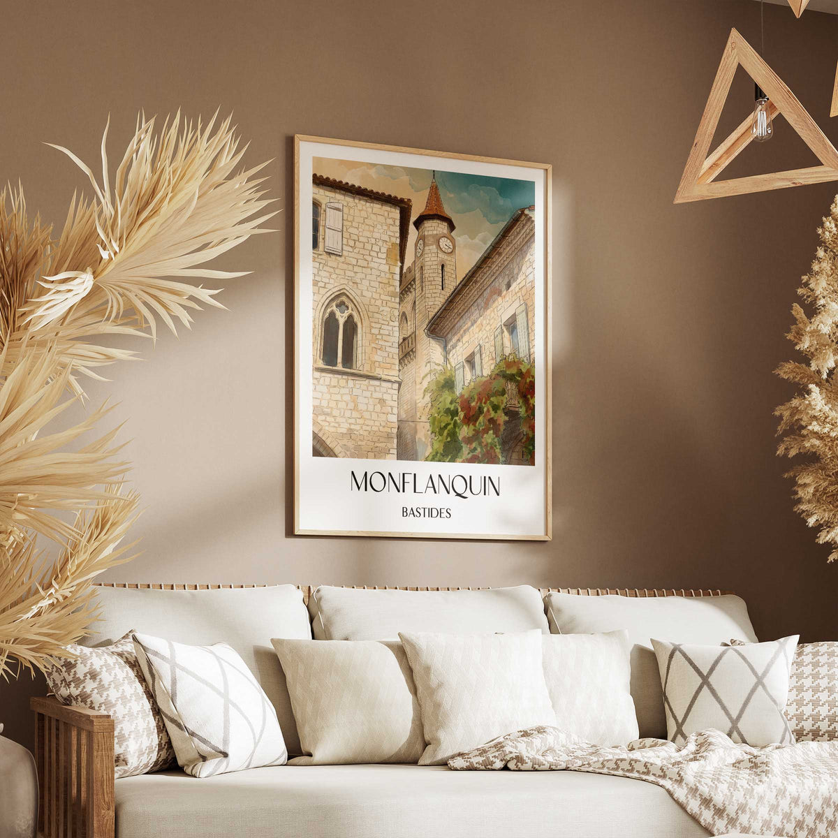 monflanquin-bastides-frankreich-poster-aquarell