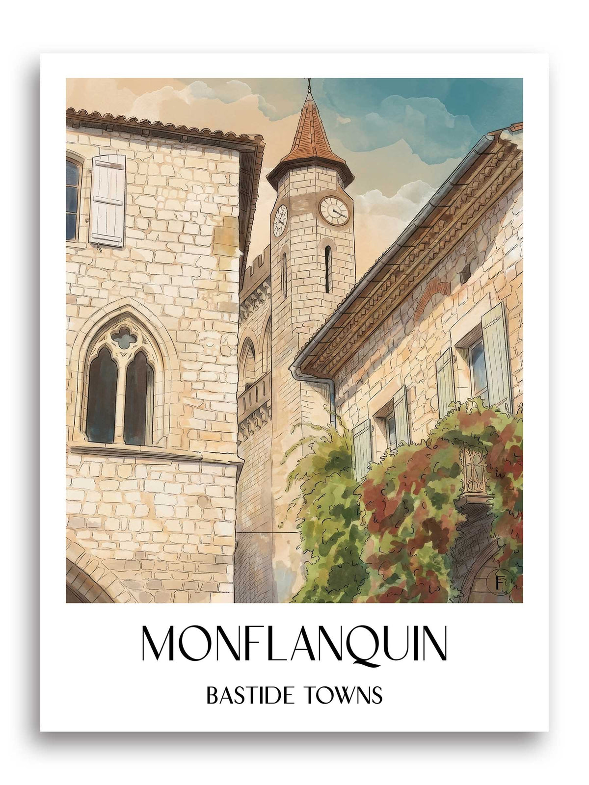 Monflanquin Poster - Bastides - Frankreich Kunstdruck - Aquarell von A4 bis A1 - favplace