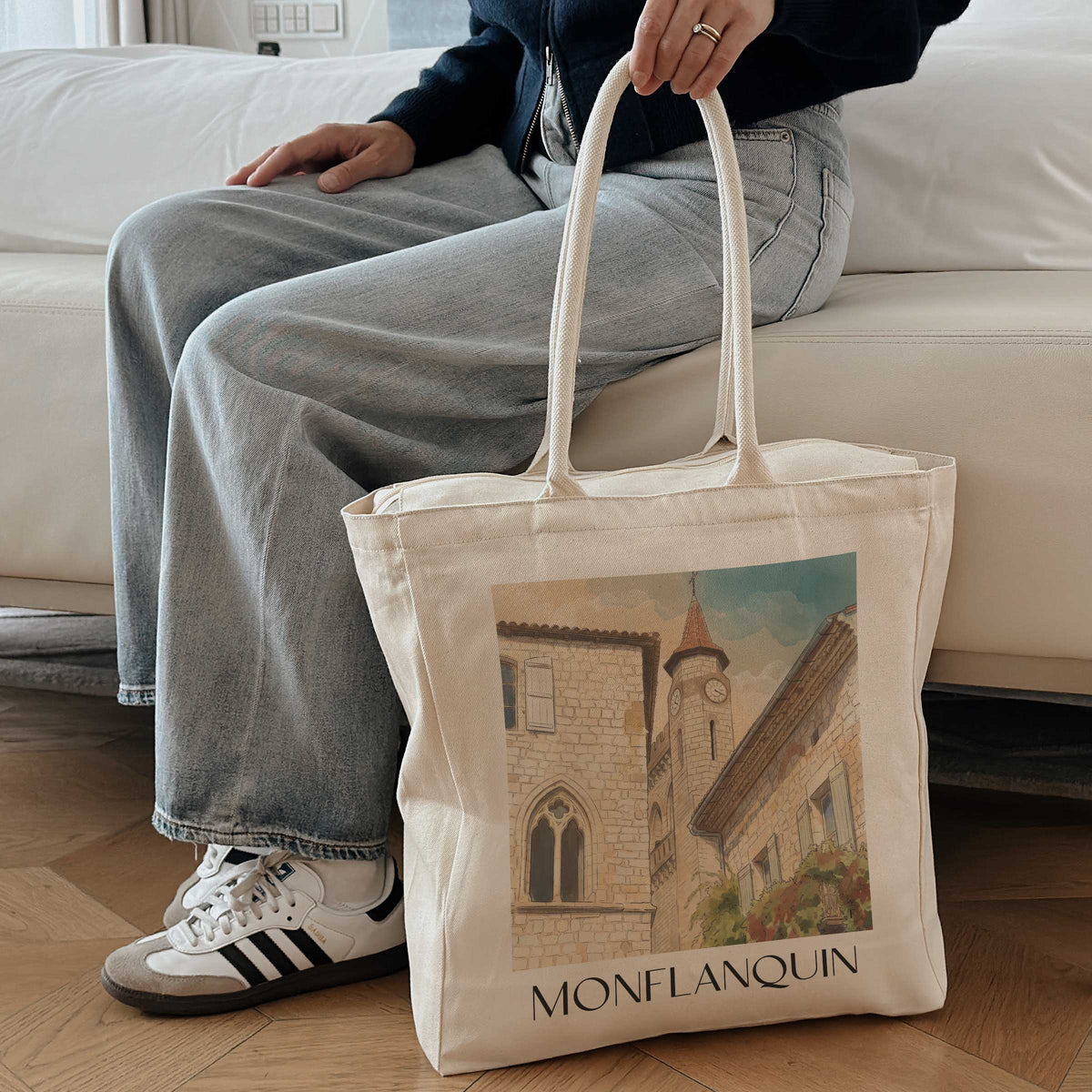 monflanquin-bastides-frankreich-einkaufstasche-aquarell