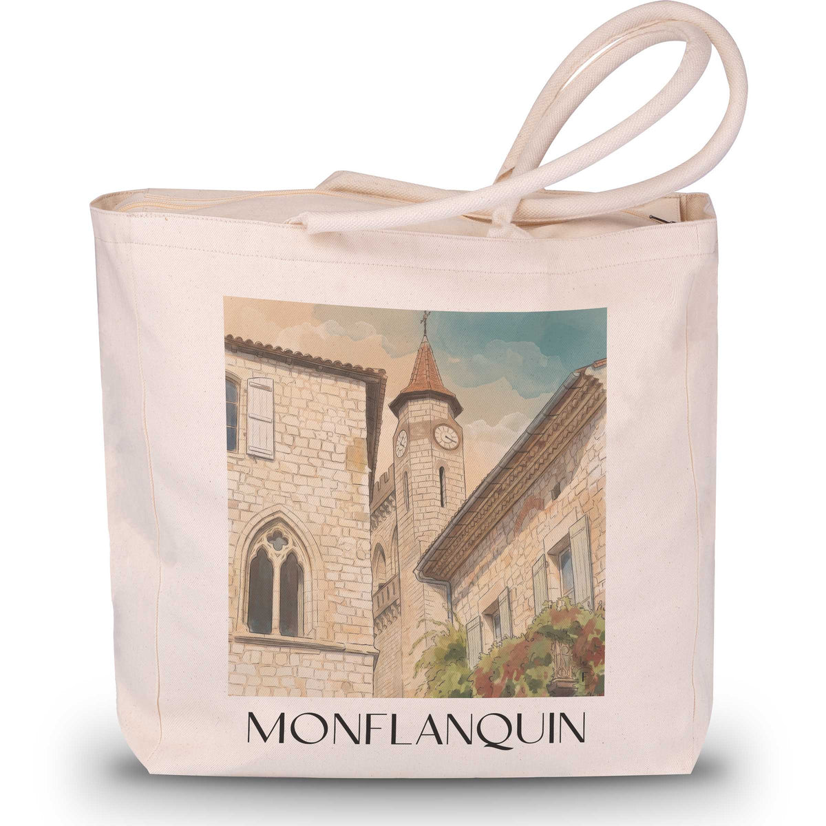 Monflanquin Shopping Tasche - Bastides - Frankreich Tote Bag - Einkaufstasche im Aquarell Stil - favplace