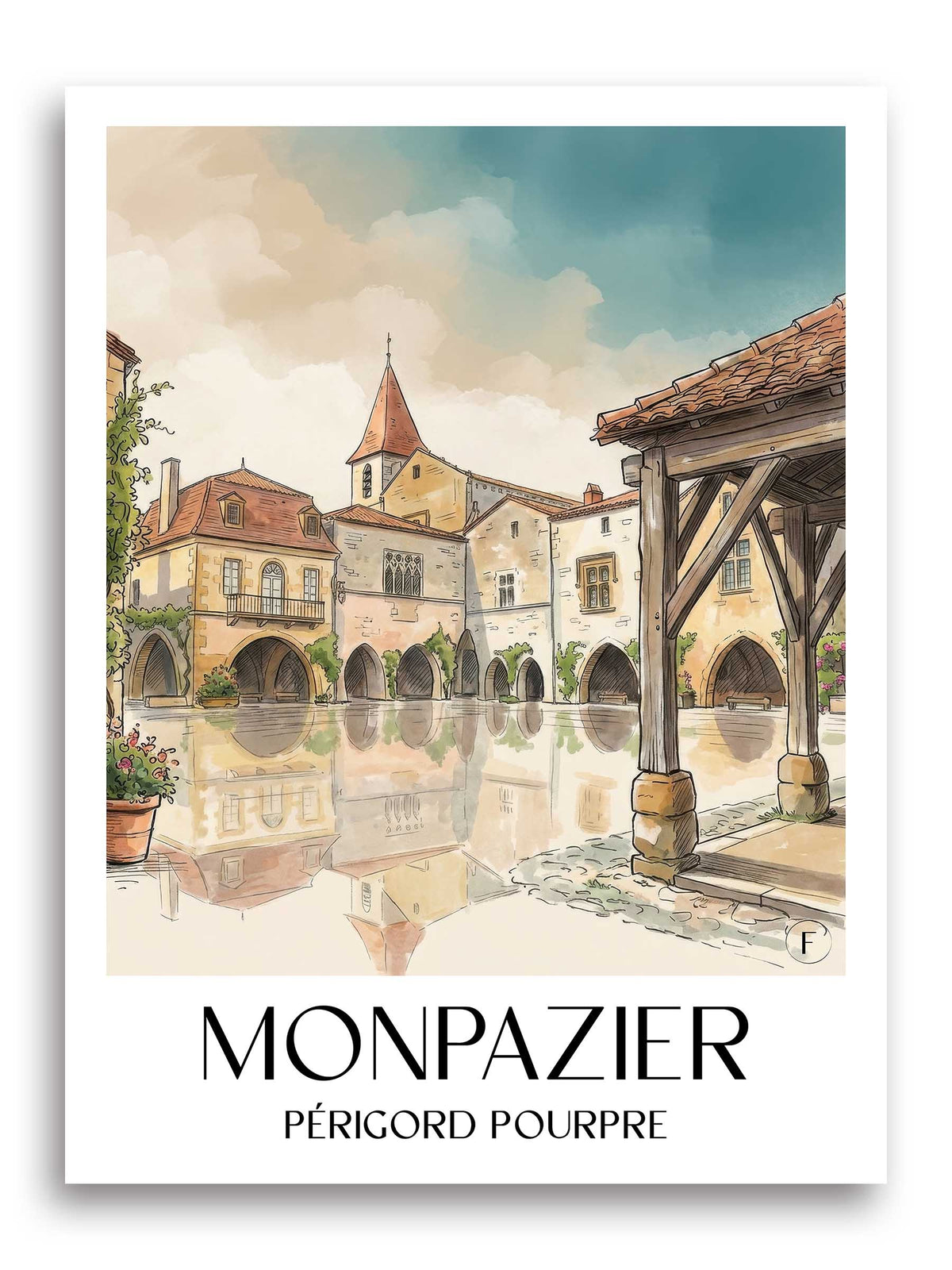 monpazier-périgord-pourpre-frankreich-poster-aquarell