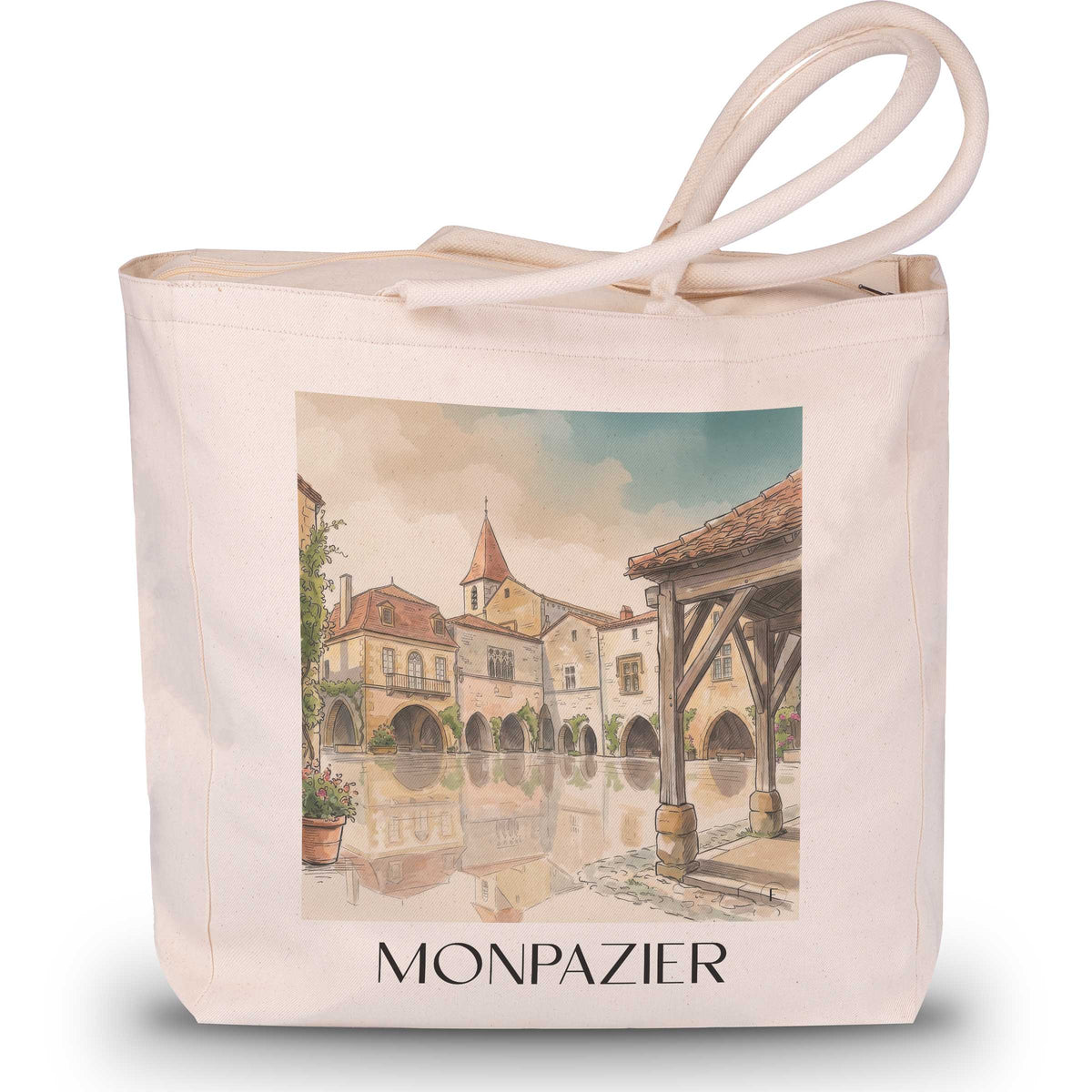 monpazier-périgord-pourpre-frankreich-einkaufstasche-aquarell