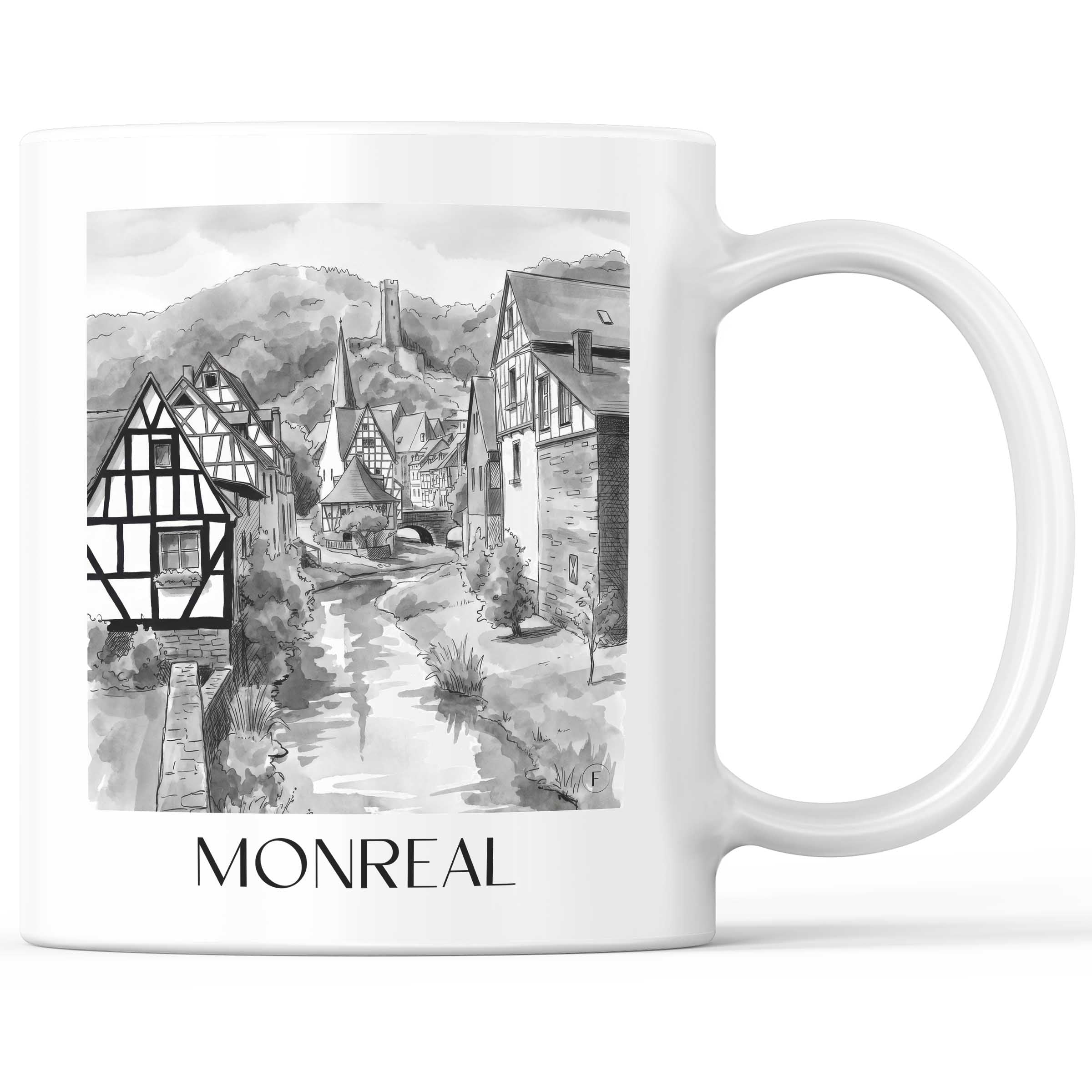 Monreal Kaffeebecher - Eifel - Deutschland Becher - Kaffeetasse im Aquarell Schwarz-Weiß Stil - favplace