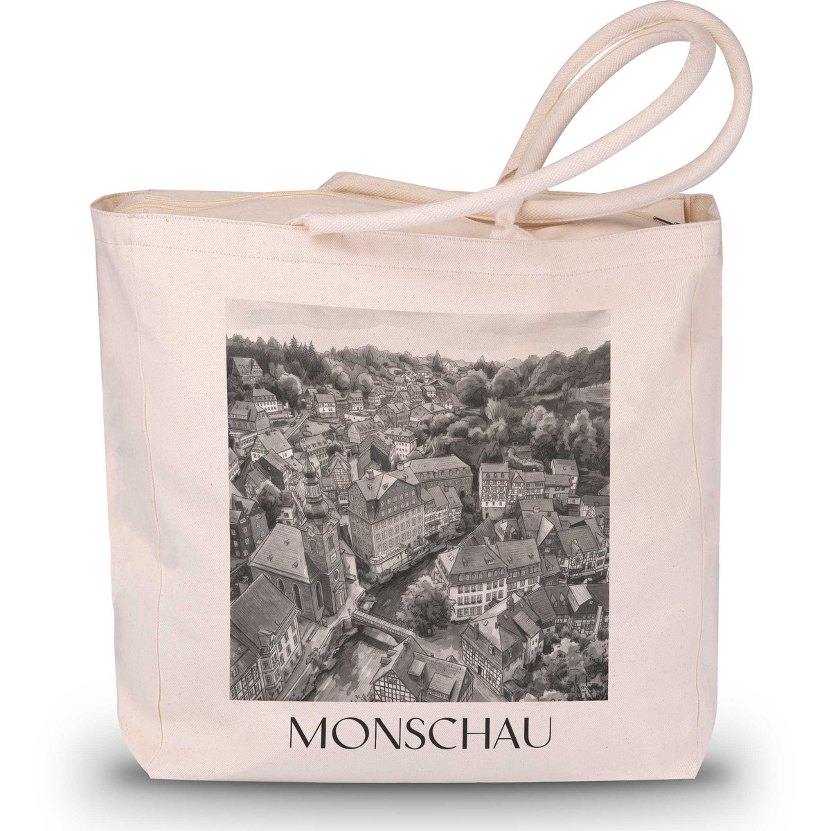 Monschau Shopping Tasche - Rureifel - Deutschland Tote Bag - Einkaufstasche im Aquarell Schwarz-Weiß Stil - favplace