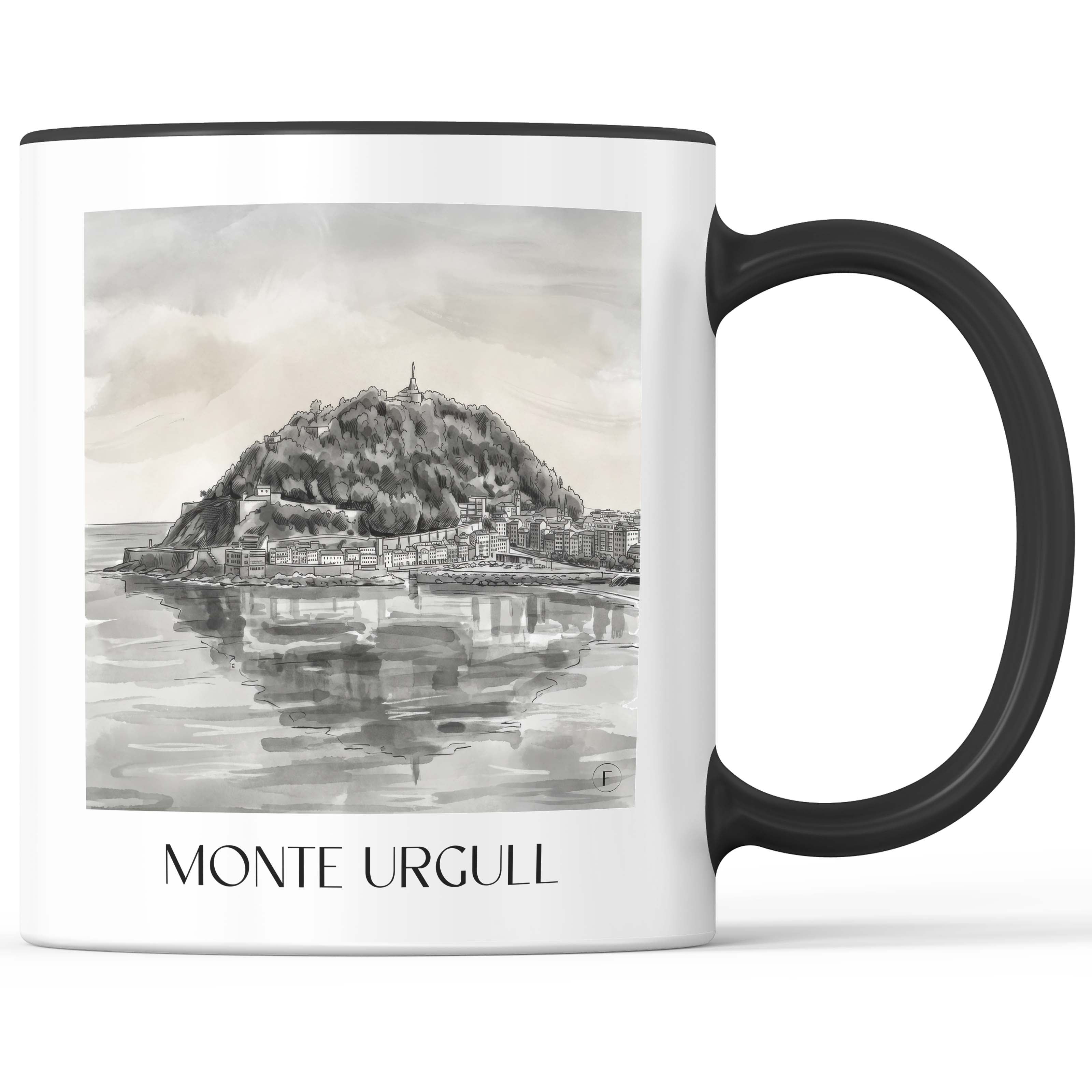 monte-urgull-san-sebastián-spanien-kaffeebecher-aquarell-schwarz-weiss