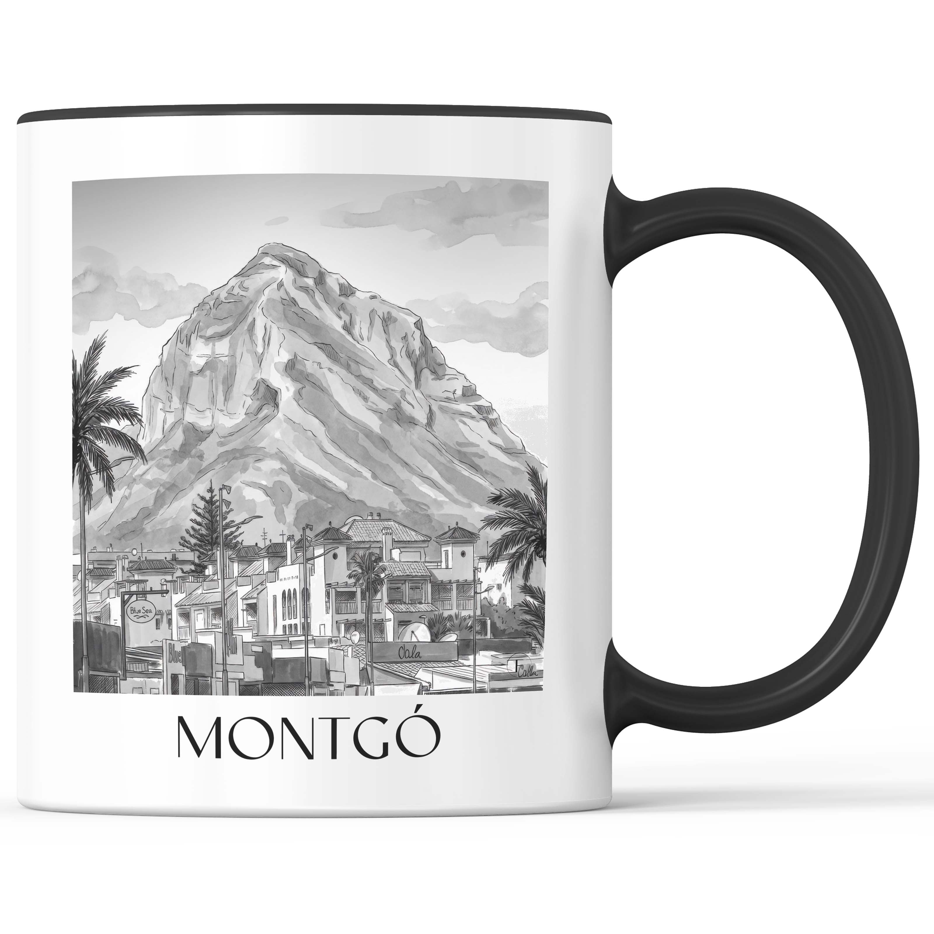 montgó-dénia-spanien-kaffeebecher-aquarell-schwarz-weiss