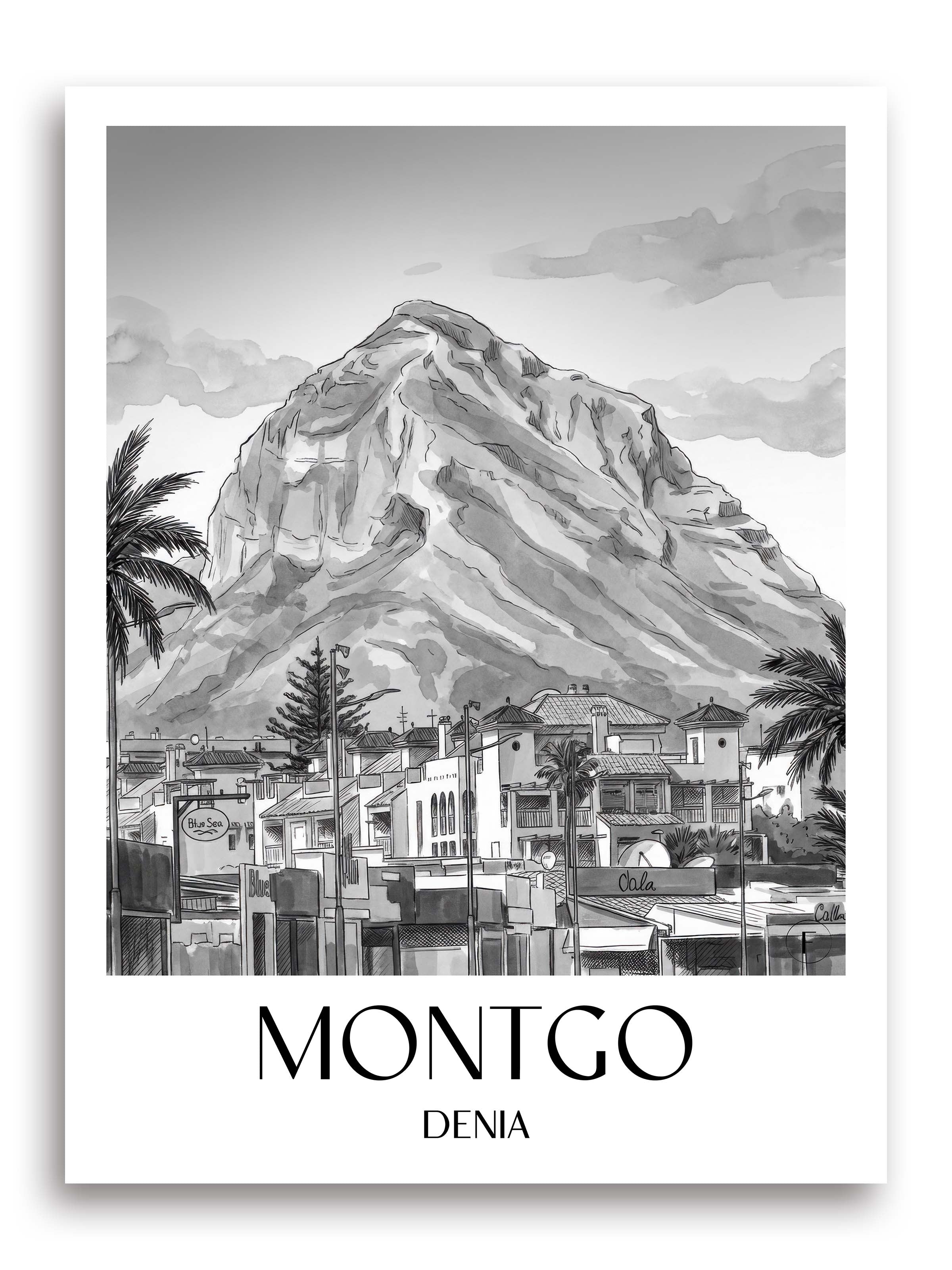 Montgó Poster - Dénia - Spanien Kunstdruck - Aquarell Schwarz-Weiß von A4 bis A1 - favplace
