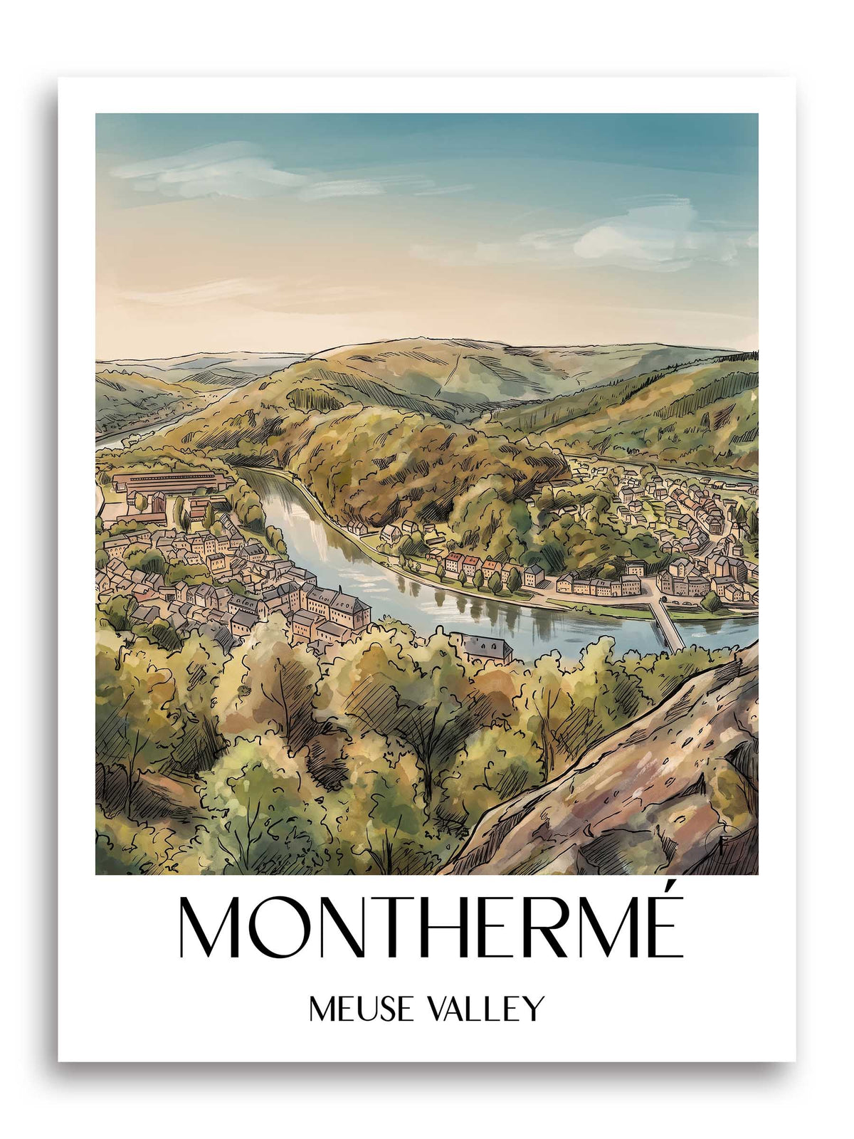 Monthermé Poster - Vallée de la Meuse - Frankreich Kunstdruck - Aquarell von A4 bis A1