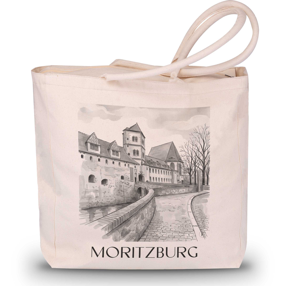 Moritzburg Shopping Tasche - Halle - Deutschland Tote Bag - Einkaufstasche im Aquarell Schwarz-Weiß Stil - favplace
