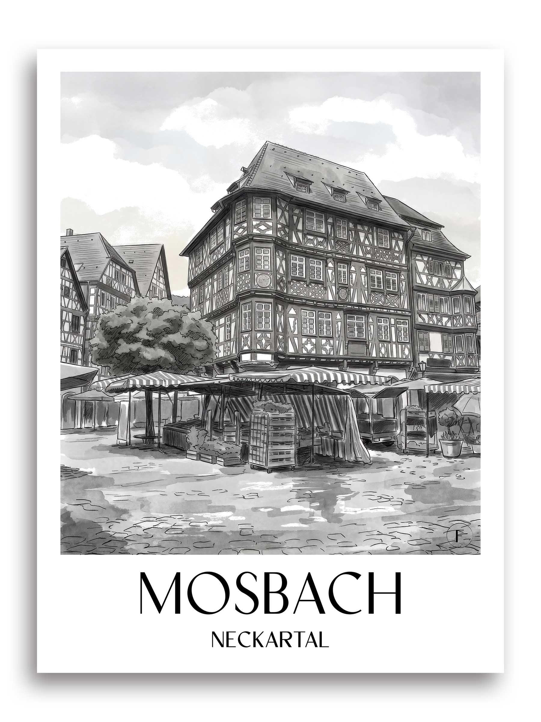 mosbach-neckartal-deutschland-poster-aquarell-schwarz-weiss