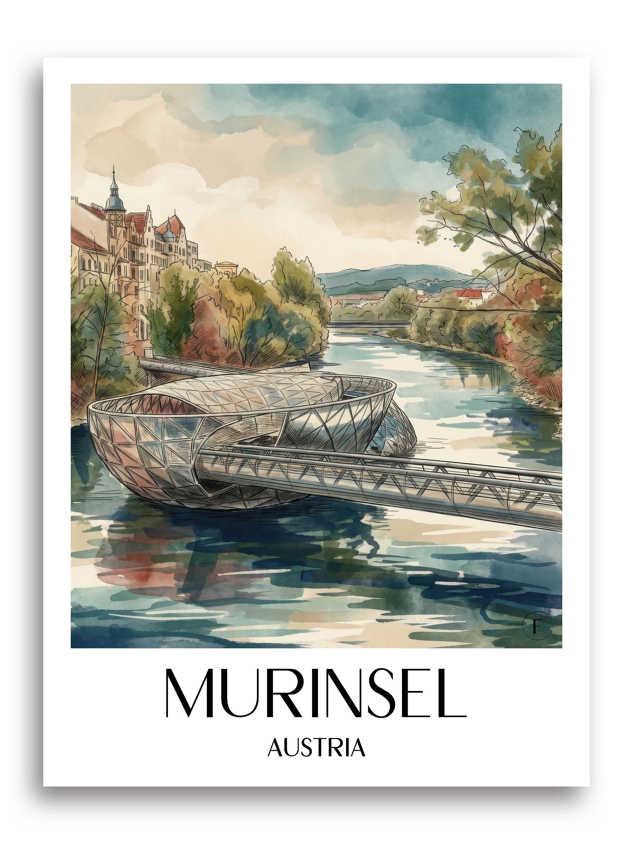 Murinsel Poster - Graz - Österreich Kunstdruck - Aquarell von A4 bis A1 - favplace