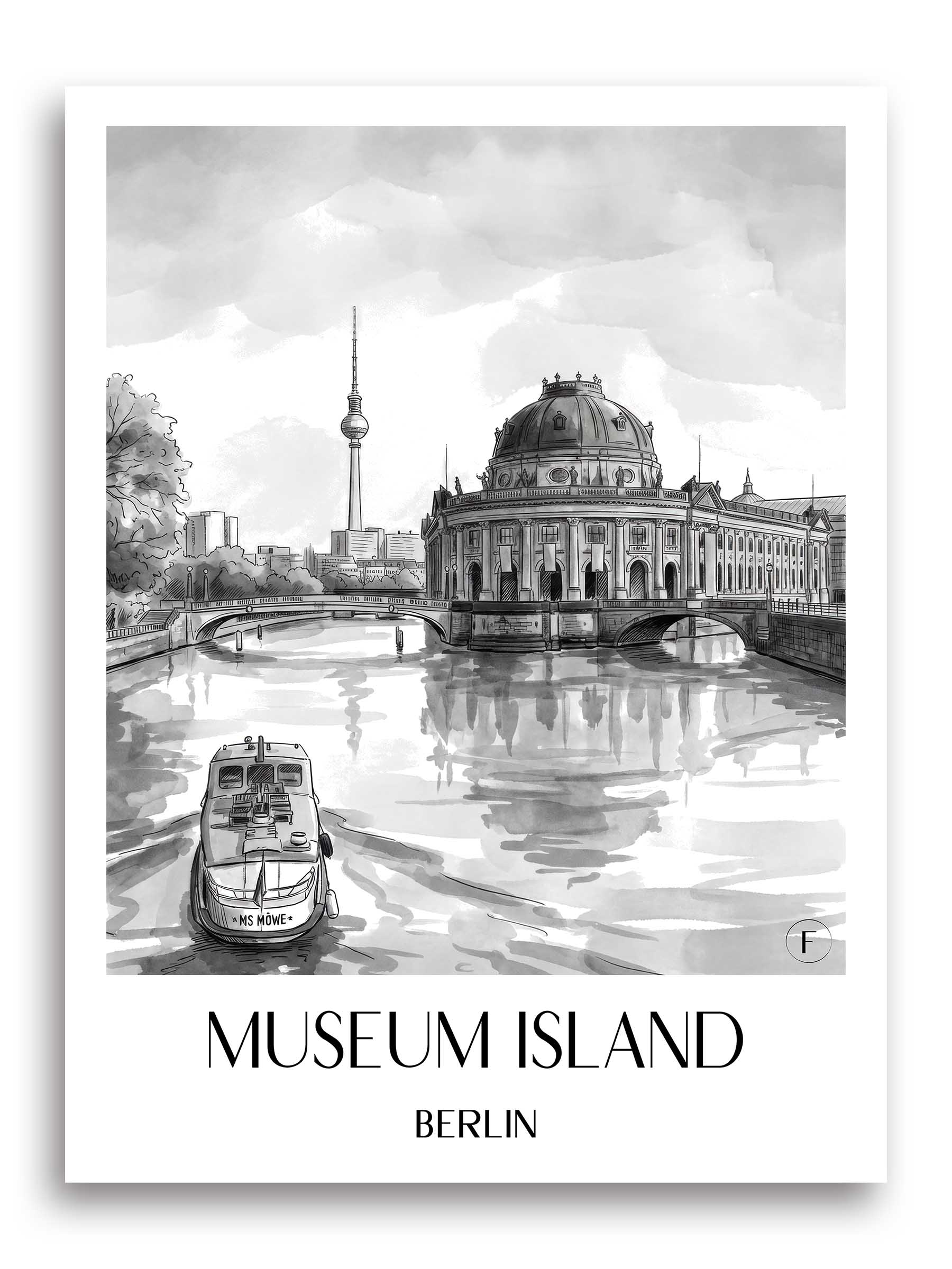 Museumsinsel Poster - Berlin - Deutschland Kunstdruck - Aquarell Schwarz-Weiß von A4 bis A1 - favplace