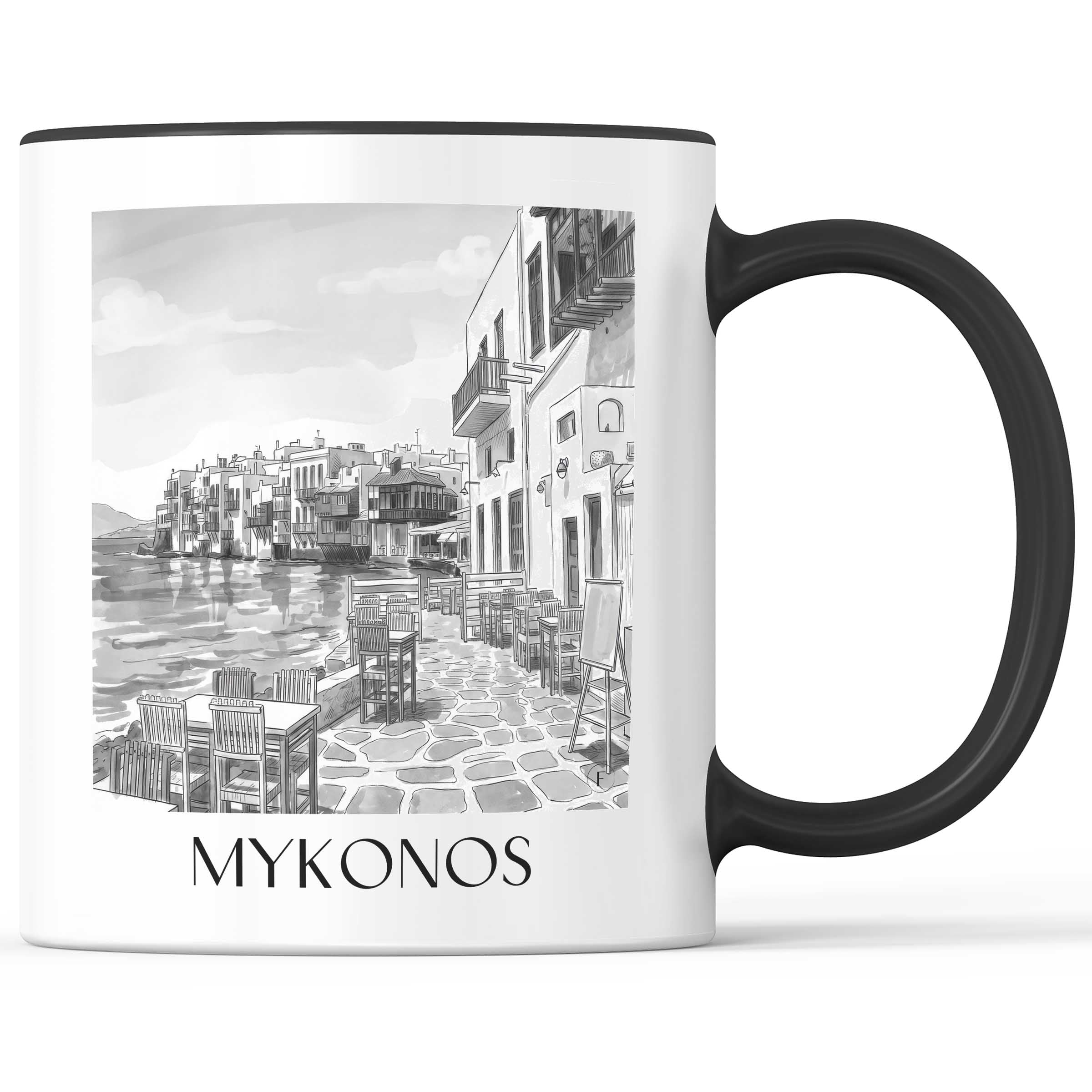 Mykonos - Griechenland Becher - Kaffeetasse im Aquarell Schwarz-Weiß Stil - favplace