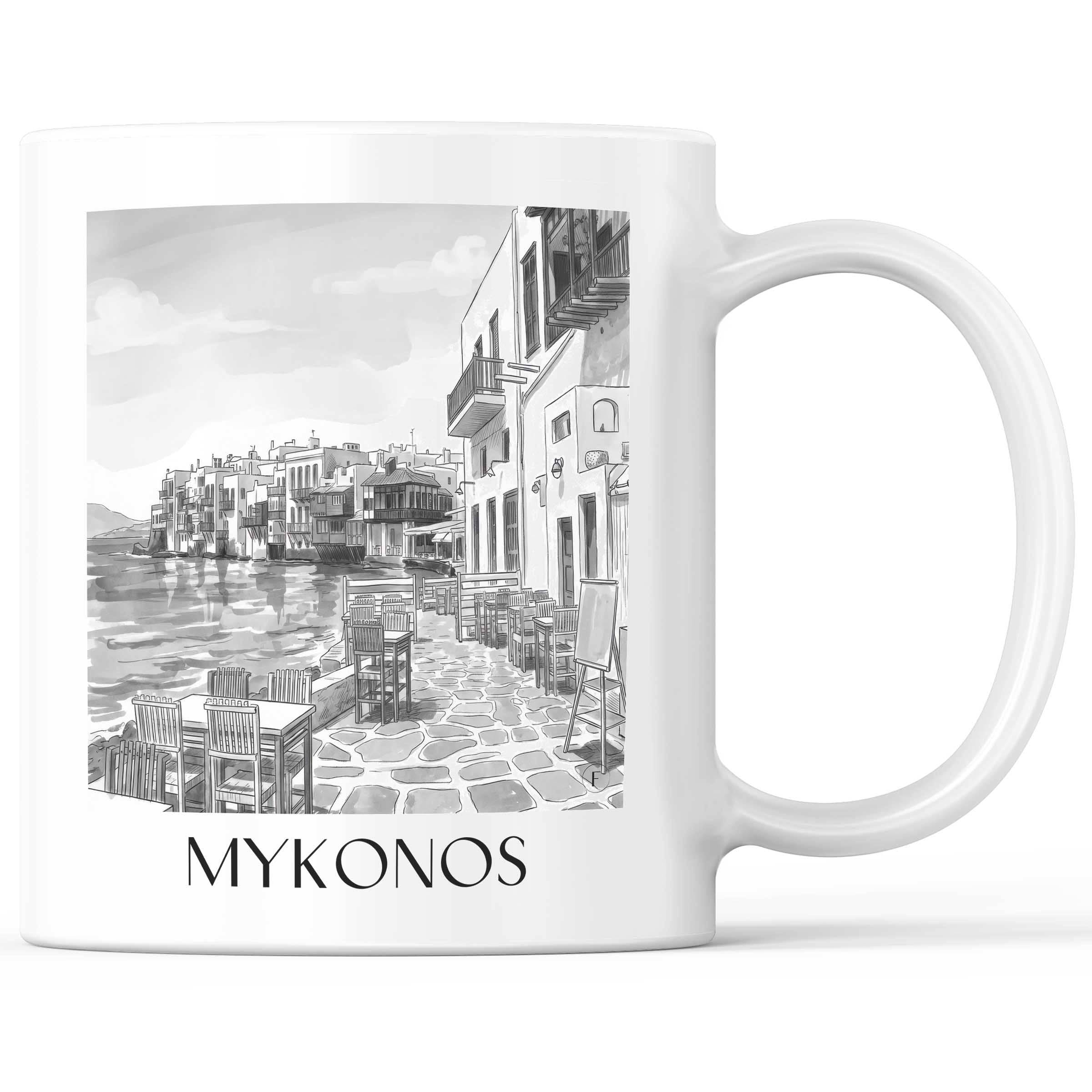 Mykonos - Griechenland Becher - Kaffeetasse im Aquarell Schwarz-Weiß Stil - favplace