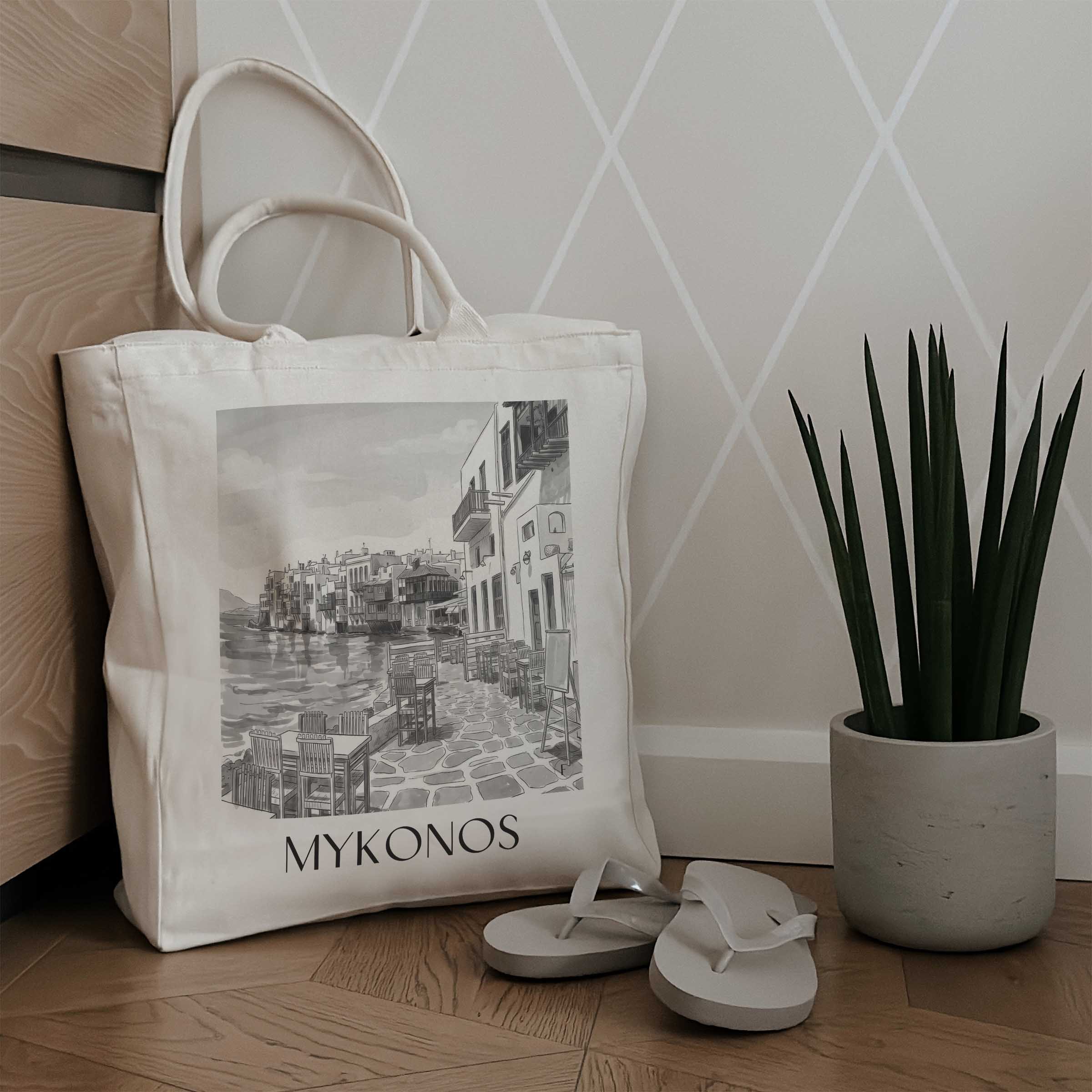 mykonos-griechenland-einkaufstasche-aquarell-schwarz-weiss