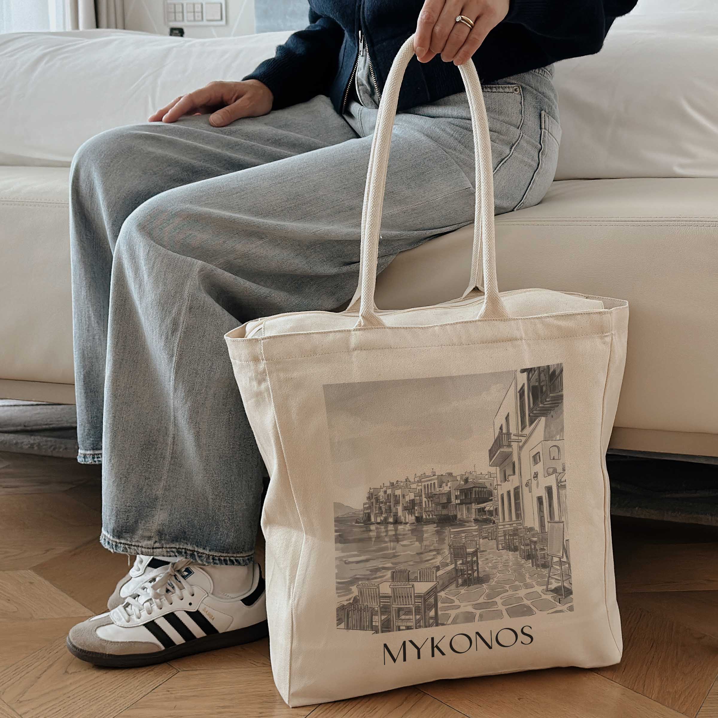 mykonos-griechenland-einkaufstasche-aquarell-schwarz-weiss
