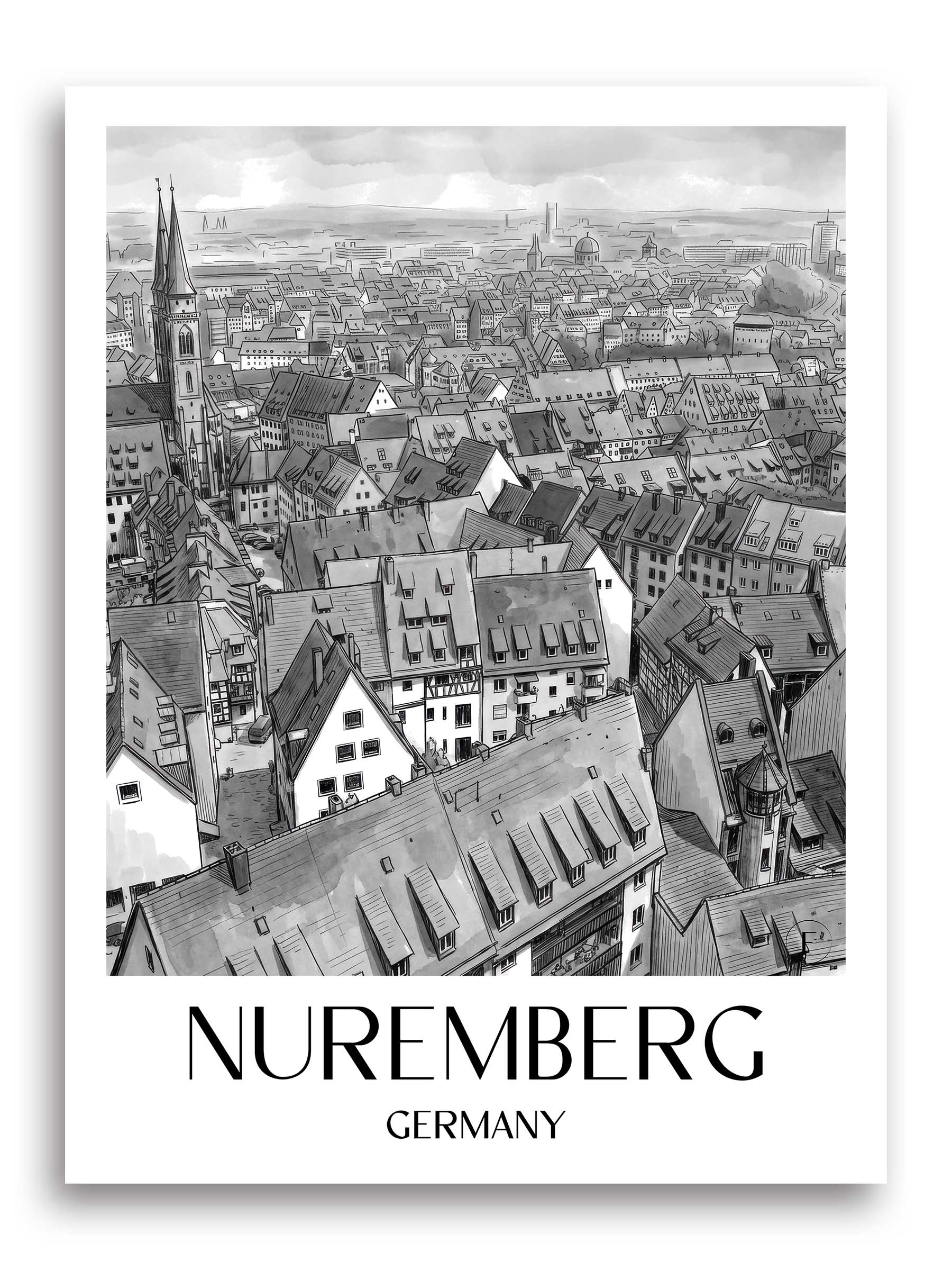 Nürnberg Poster - - Deutschland Kunstdruck - Aquarell Schwarz-Weiß von A4 bis A1 - favplace