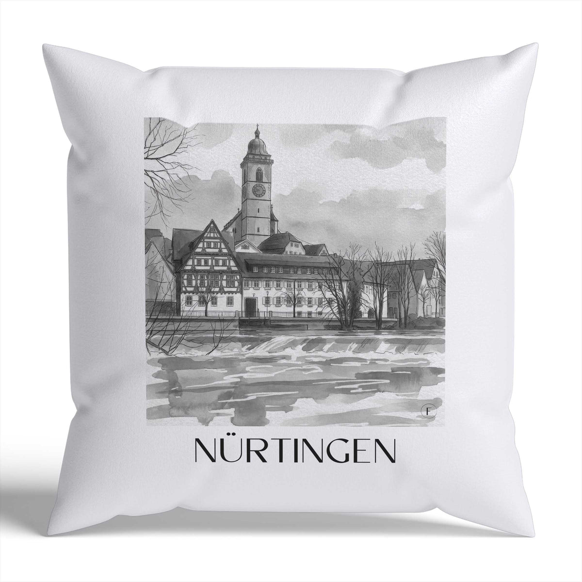 Nürtingen Kissenhülle - Zierkissen Bezug - Deutschland - Deutschland Kissen bzw. Kissenbezug im Aquarell Schwarz-Weiß Stil - favplace