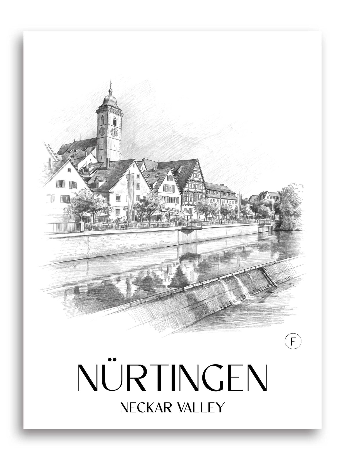 Nürtingen Poster - Neckartal - Deutschland Kunstdruck - Zeichnung von A4 bis A1