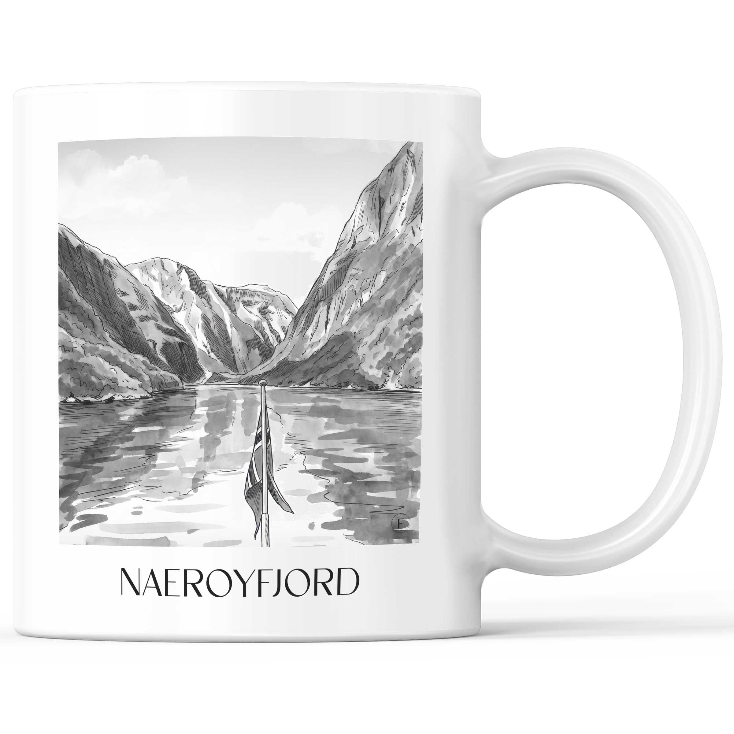 Naeroyfjord - Norwegen Becher - Kaffeetasse im Aquarell Schwarz-Weiß Stil - favplace