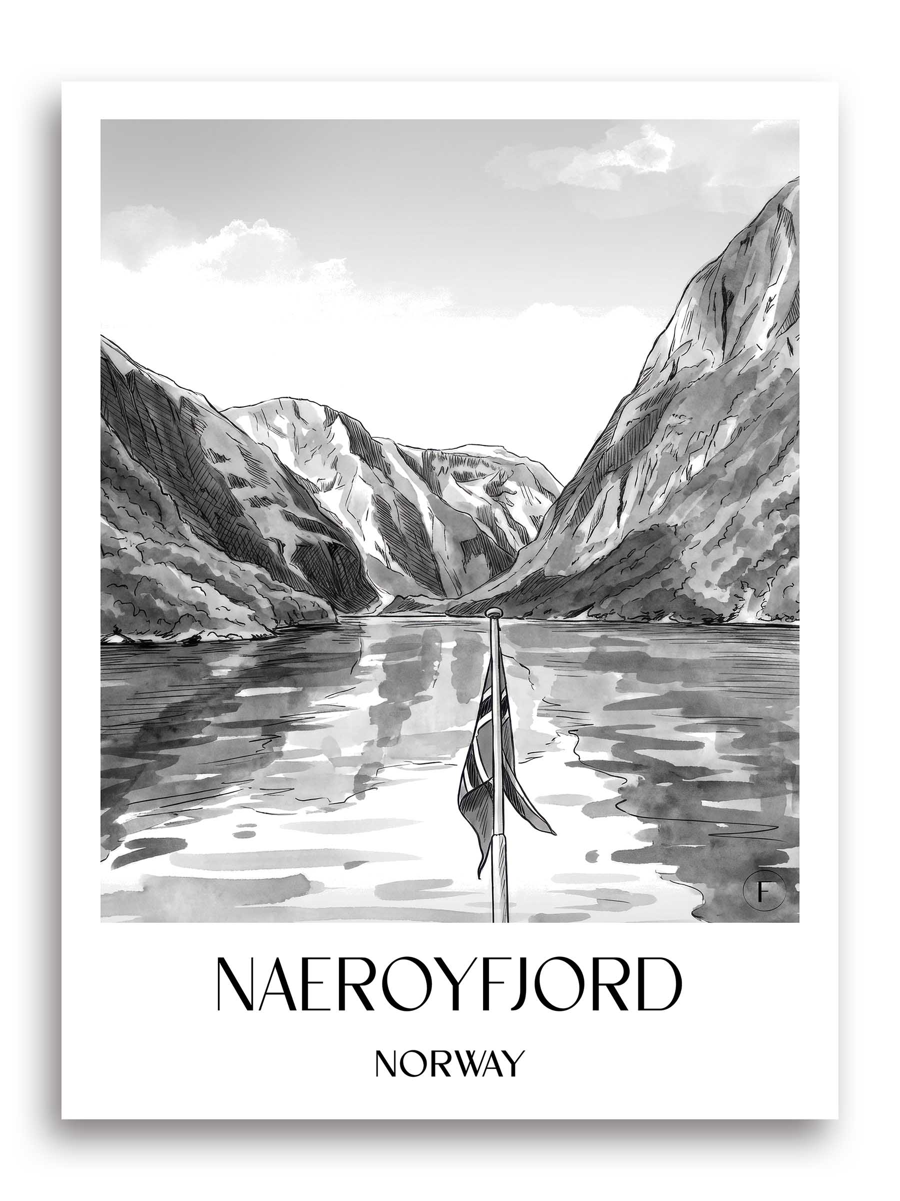 Naeroyfjord Poster - - Norwegen Kunstdruck - Aquarell Schwarz-Weiß von A4 bis A1 - favplace
