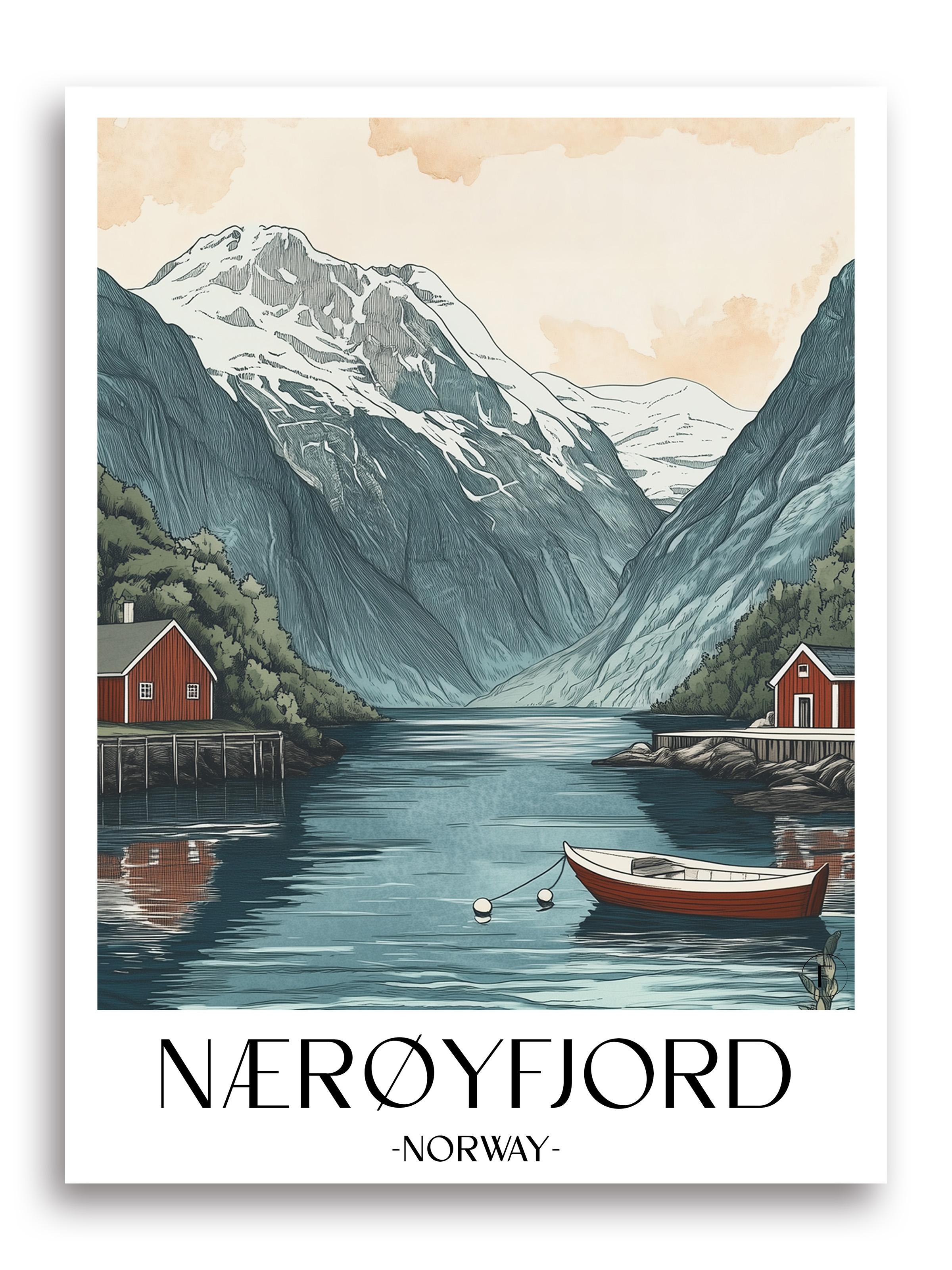 Naeroyfjord Poster -  Norwegen Kunstdruck - Aquarell von A4 bis A1 - favplace