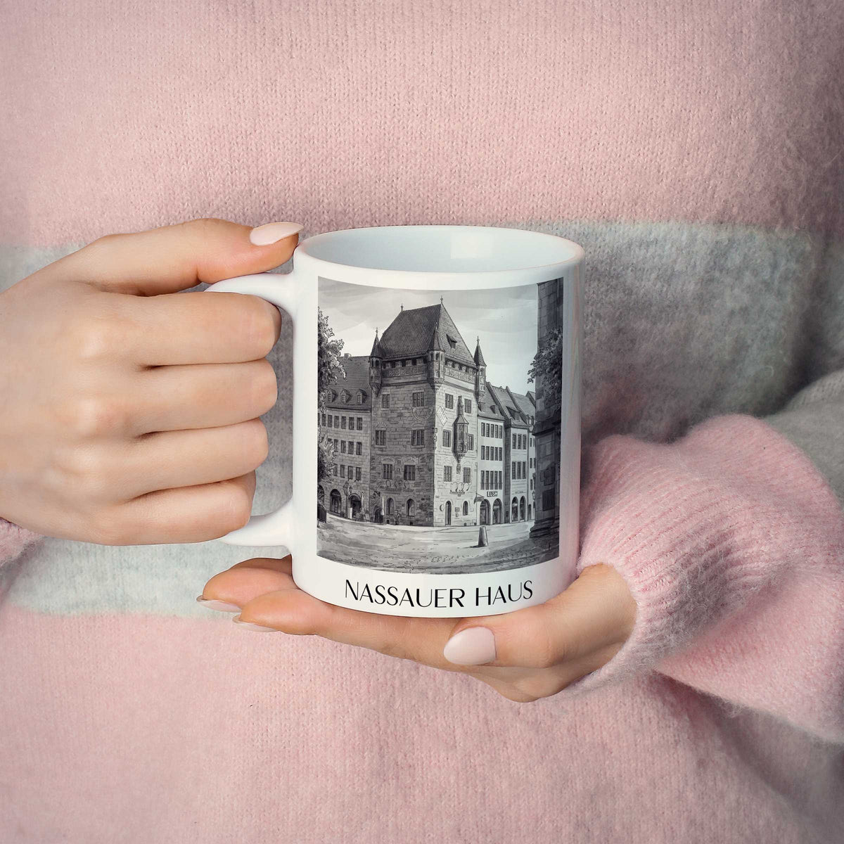 nassauer-haus-nürnberg-deutschland-kaffeebecher-aquarell-schwarz-weiss