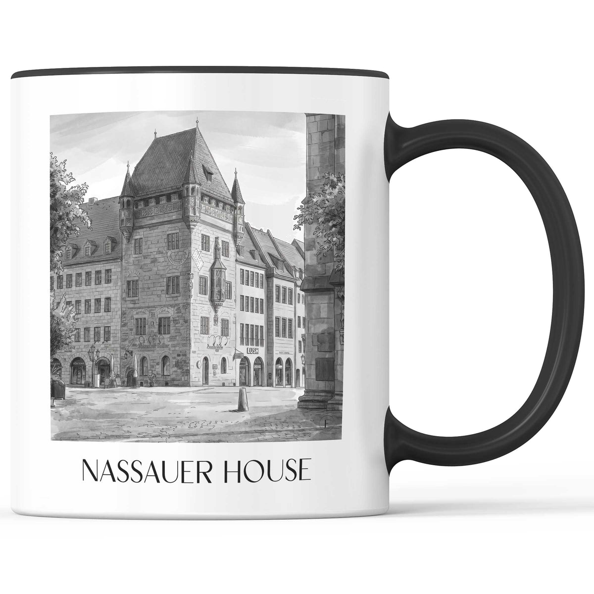Nassauer Haus Kaffeebecher - Nürnberg - Deutschland Becher - Kaffeetasse im Aquarell Schwarz-Weiß Stil - favplace