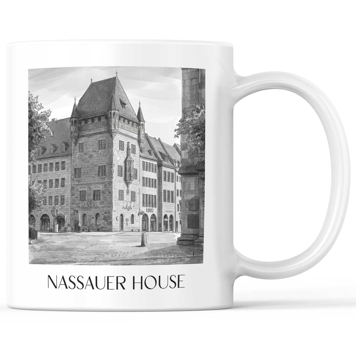 Nassauer Haus Kaffeebecher - Nürnberg - Deutschland Becher - Kaffeetasse im Aquarell Schwarz-Weiß Stil - favplace