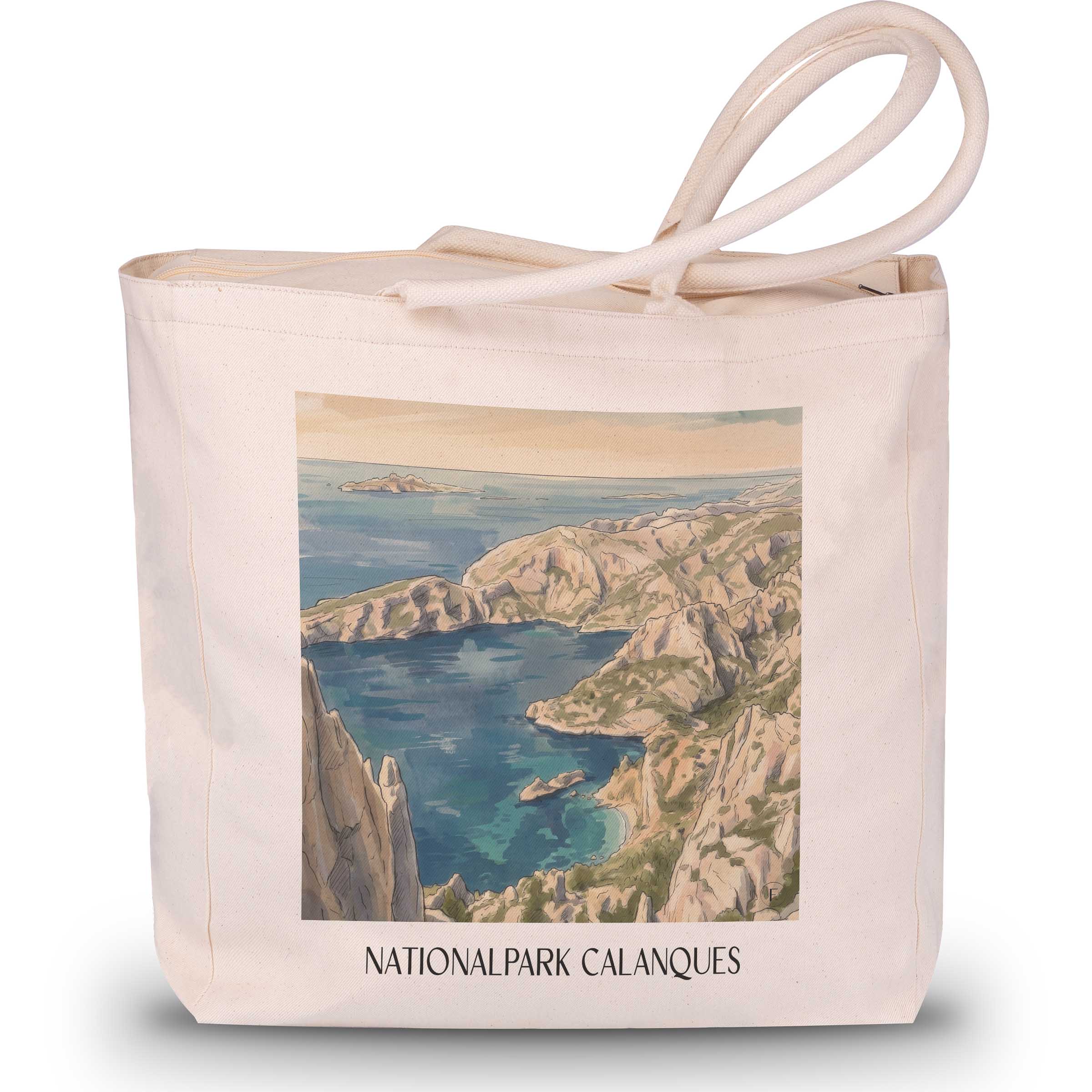 nationalpark-calanques-côte-d´azur-frankreich-einkaufstasche-aquarell
