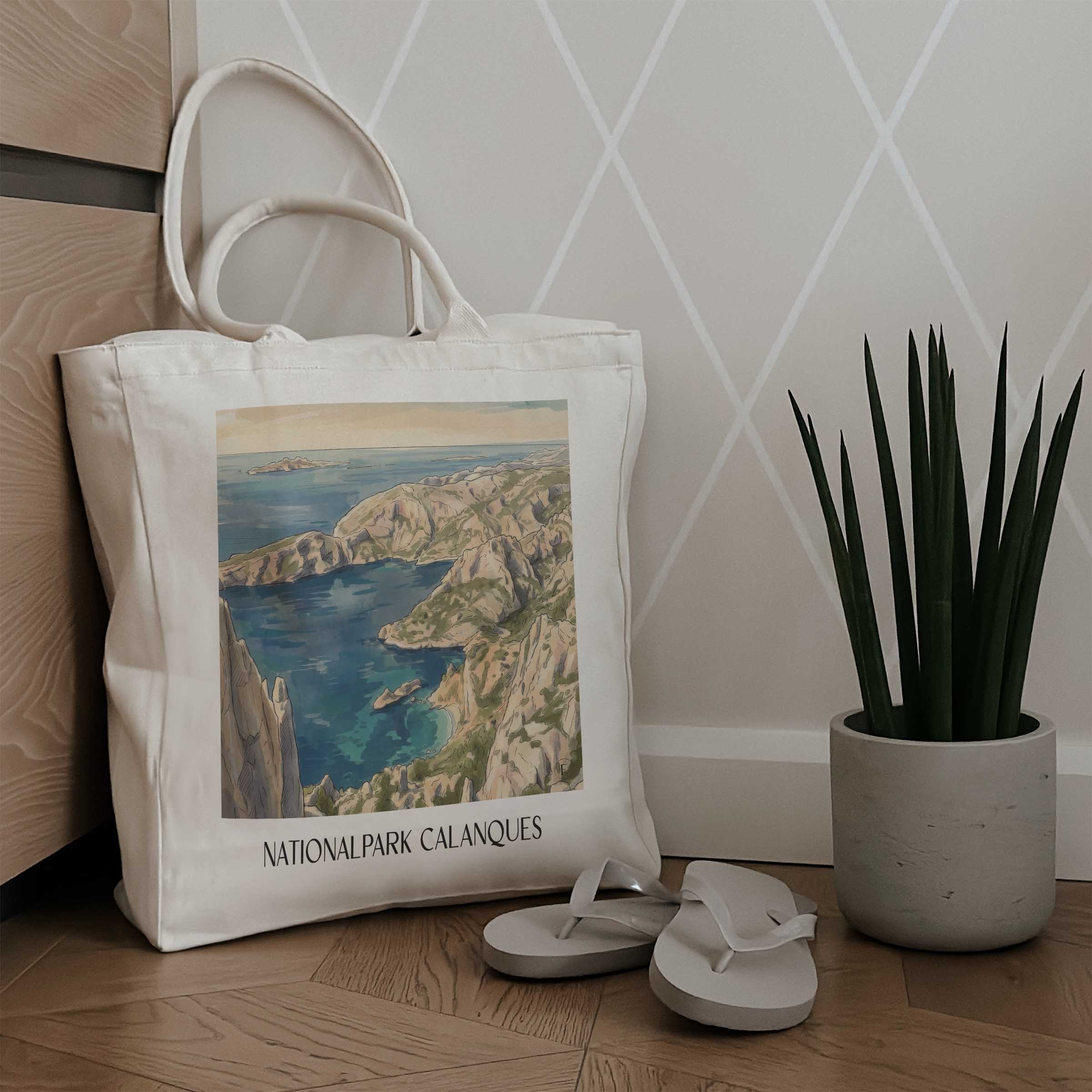 nationalpark-calanques-côte-d´azur-frankreich-einkaufstasche-aquarell