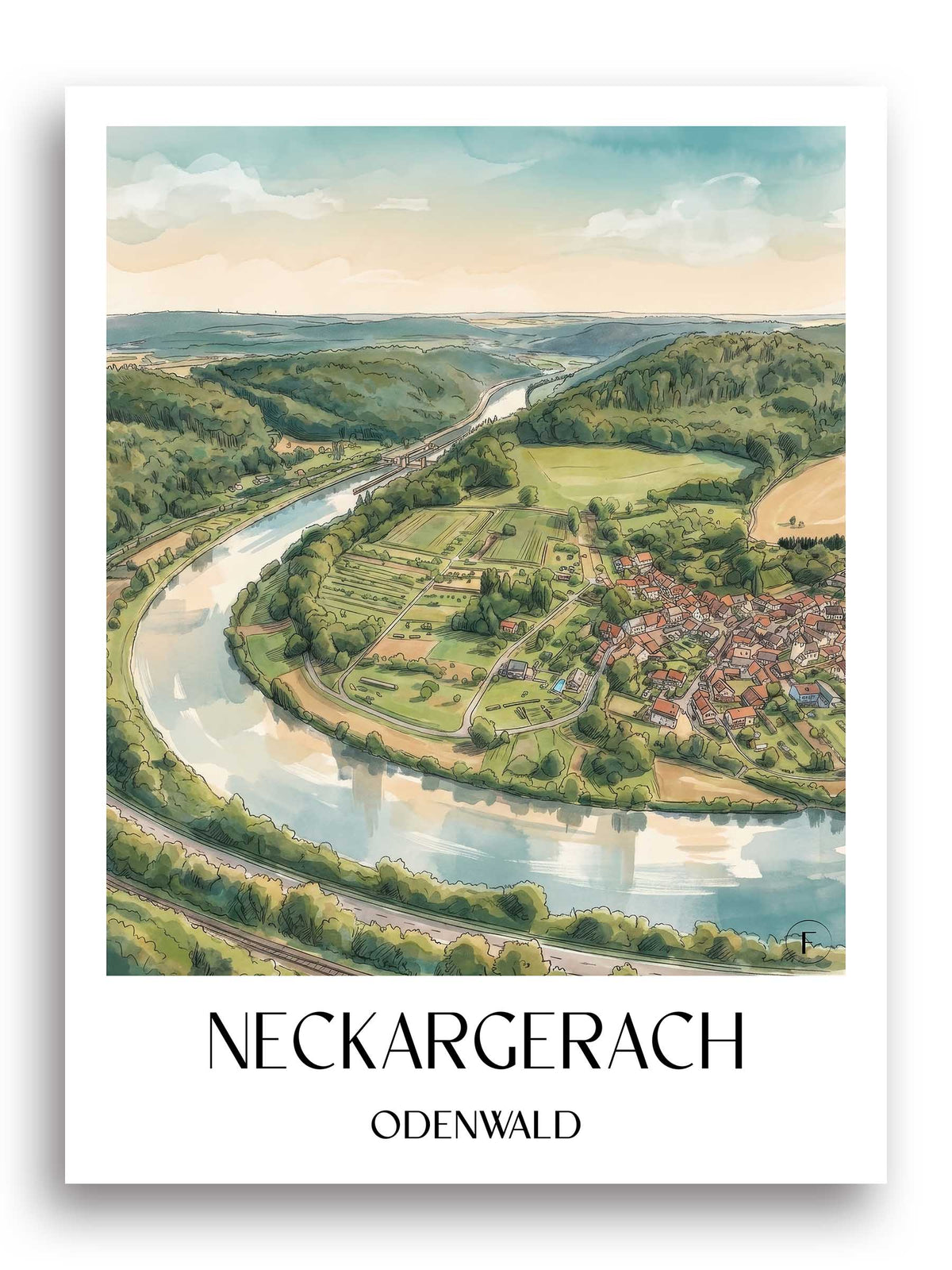 neckargerach-odenwald-deutschland-poster-aquarell