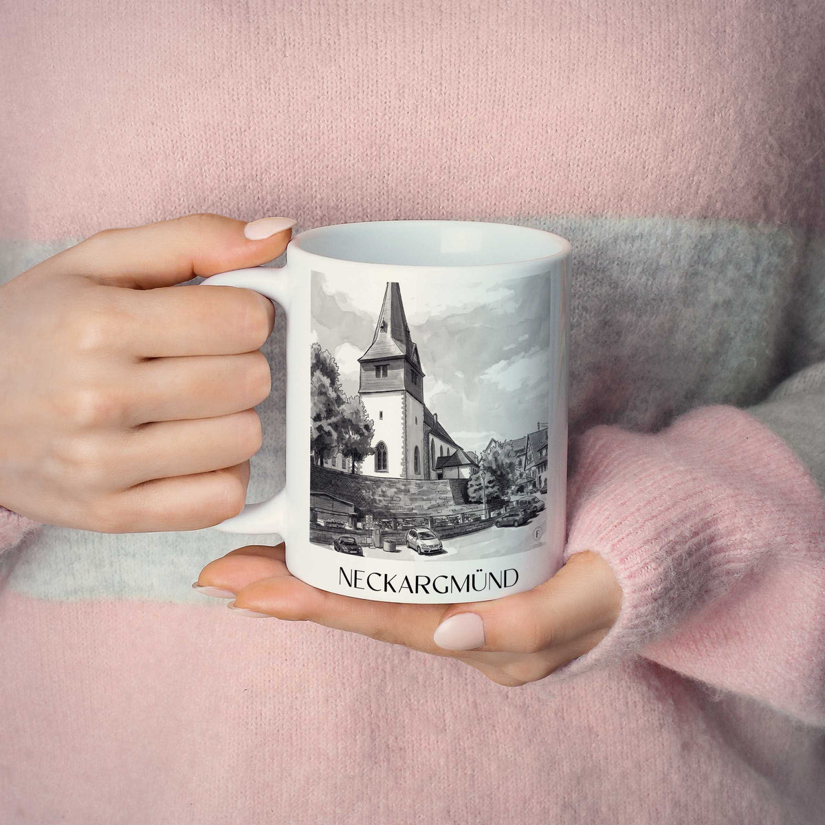 neckargmünd-neckartal-deutschland-kaffeebecher-aquarell-schwarz-weiss