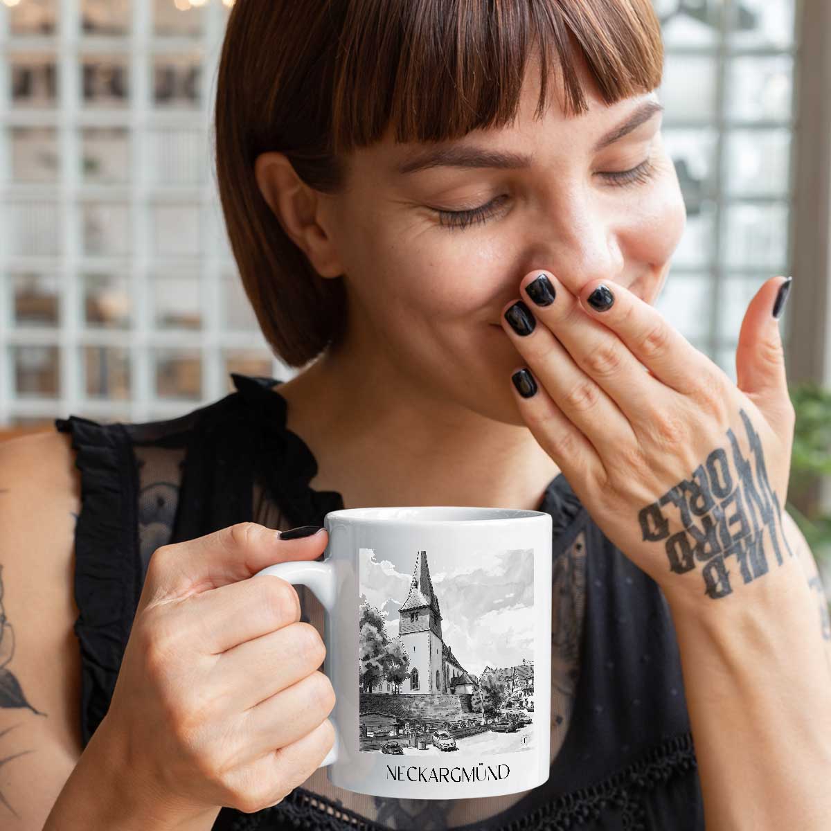 neckargmünd-neckartal-deutschland-kaffeebecher-aquarell-schwarz-weiss