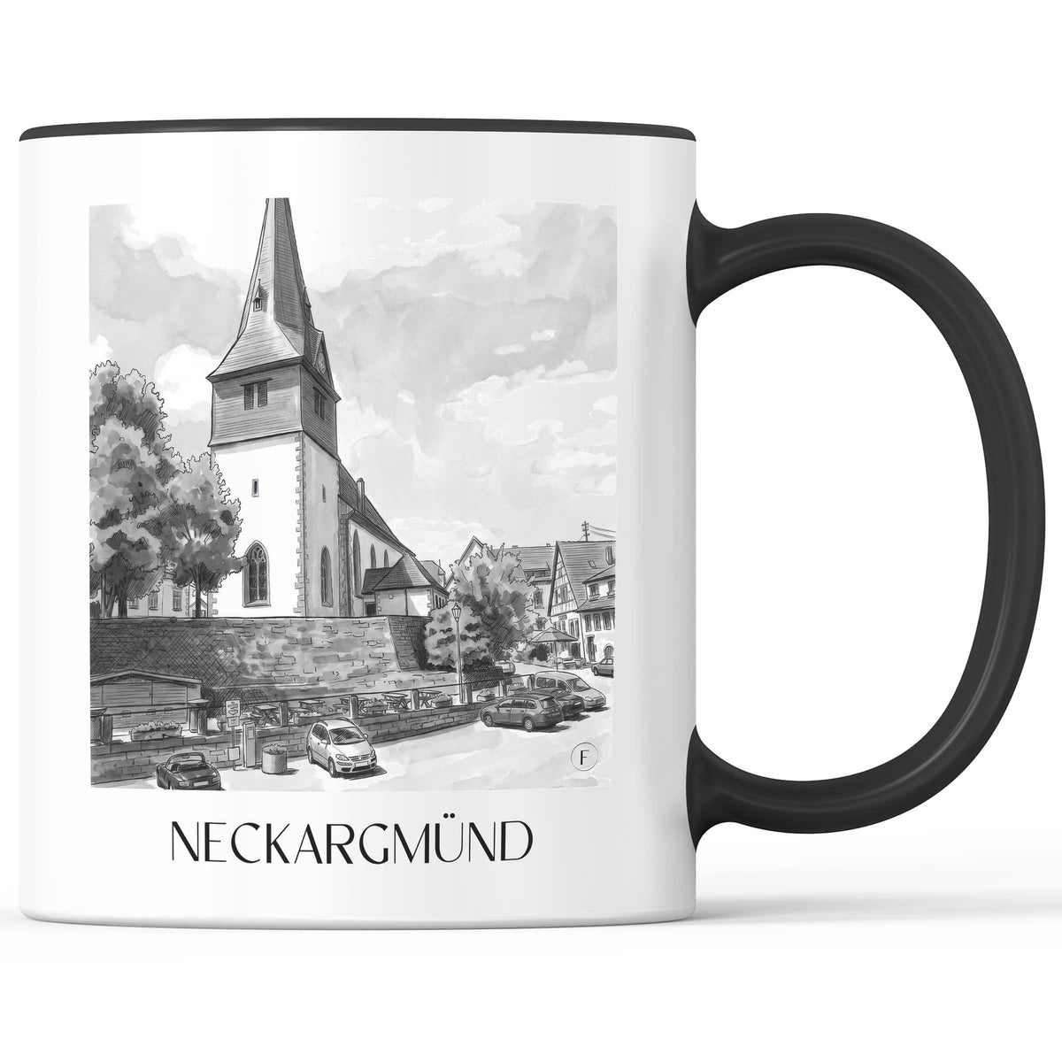 Neckargmünd Kaffeebecher - Neckartal - Deutschland Becher - Kaffeetasse im Aquarell Schwarz-Weiß Stil - favplace