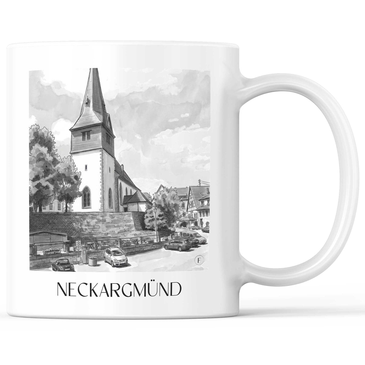 Neckargmünd Kaffeebecher - Neckartal - Deutschland Becher - Kaffeetasse im Aquarell Schwarz-Weiß Stil - favplace