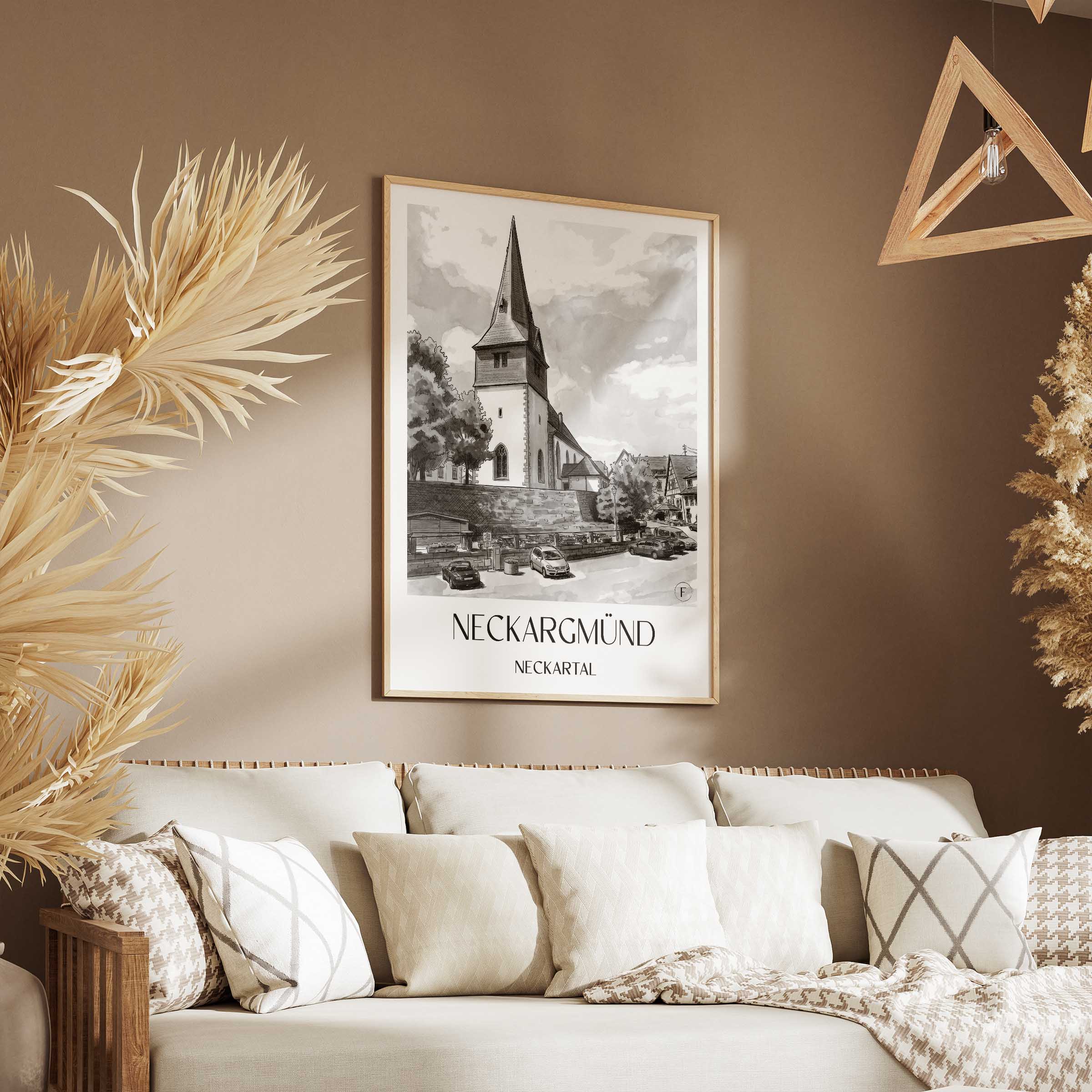 neckargmünd-neckartal-deutschland-poster-aquarell-schwarz-weiss