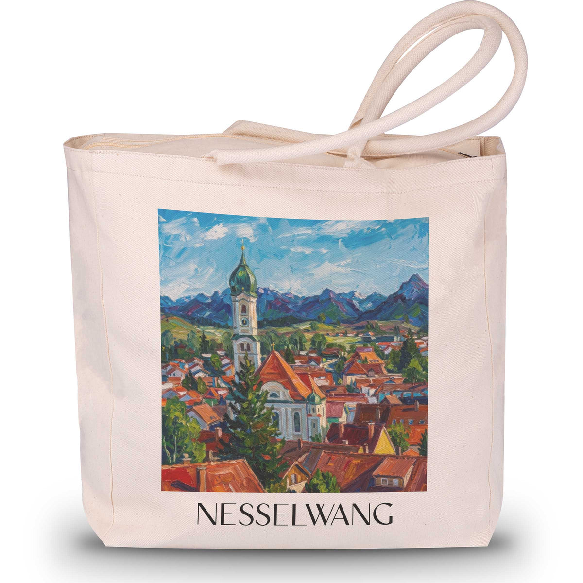 Nesselwang (im Winter) Shopping Tasche - Ostallgäu - Deutschland Tote Bag - Einkaufstasche im Ölgemälde Stil - favplace
