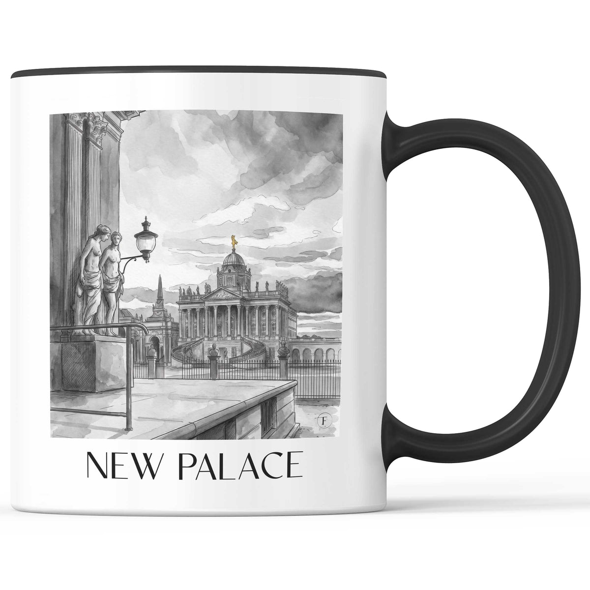 Neues Palais Kaffeebecher - Potsdam - Deutschland Becher - Kaffeetasse im Aquarell Schwarz-Weiß Stil - favplace