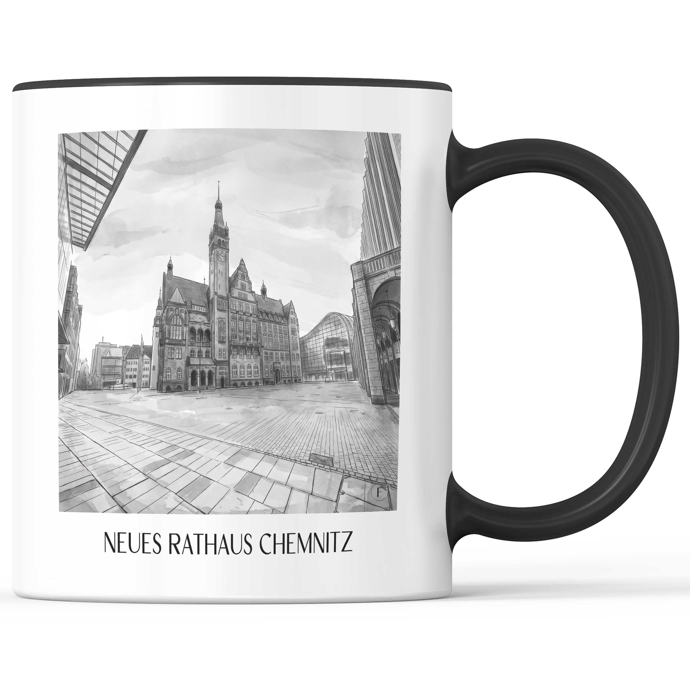 neues-rathaus-chemnitz-deutschland-kaffeebecher-aquarell-schwarz-weiss