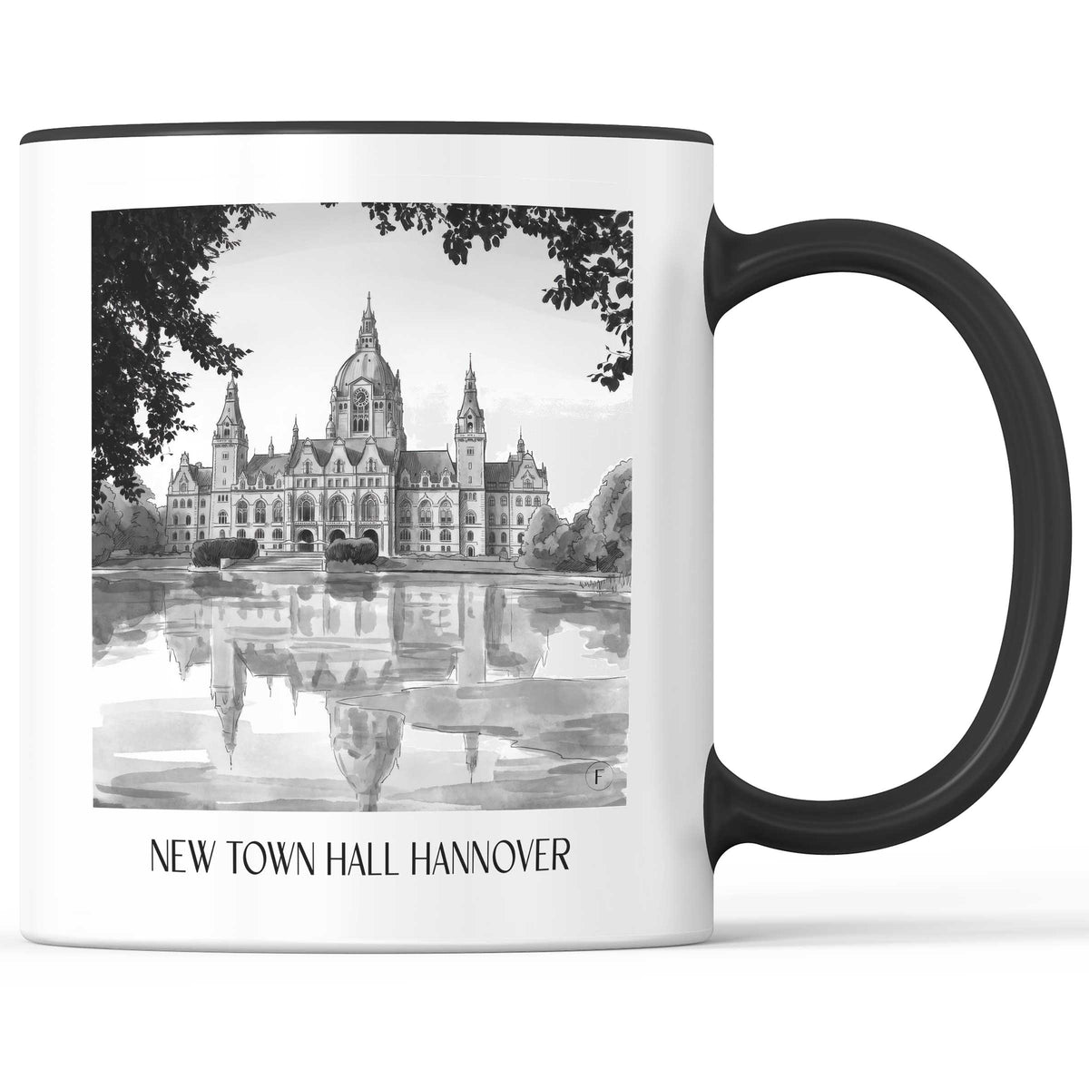 Neues Rathaus Kaffeebecher - Hannover - Deutschland Becher - Kaffeetasse im Aquarell Schwarz-Weiß Stil - favplace