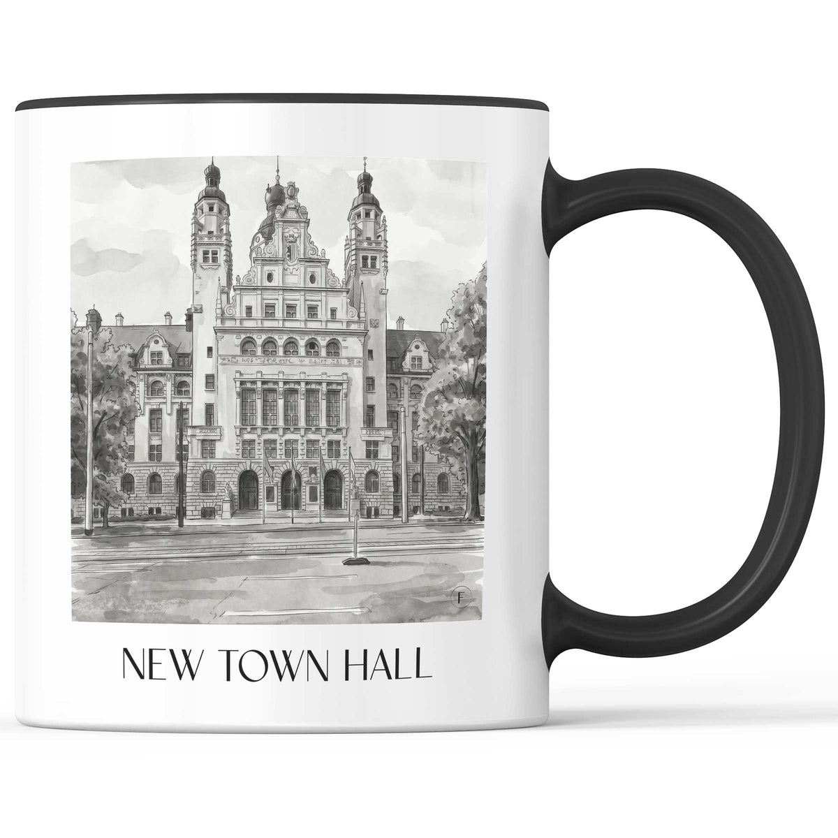 Neues Rathaus Kaffeebecher - Leipzig - Deutschland Becher - Kaffeetasse im Aquarell Schwarz-Weiß Stil - favplace