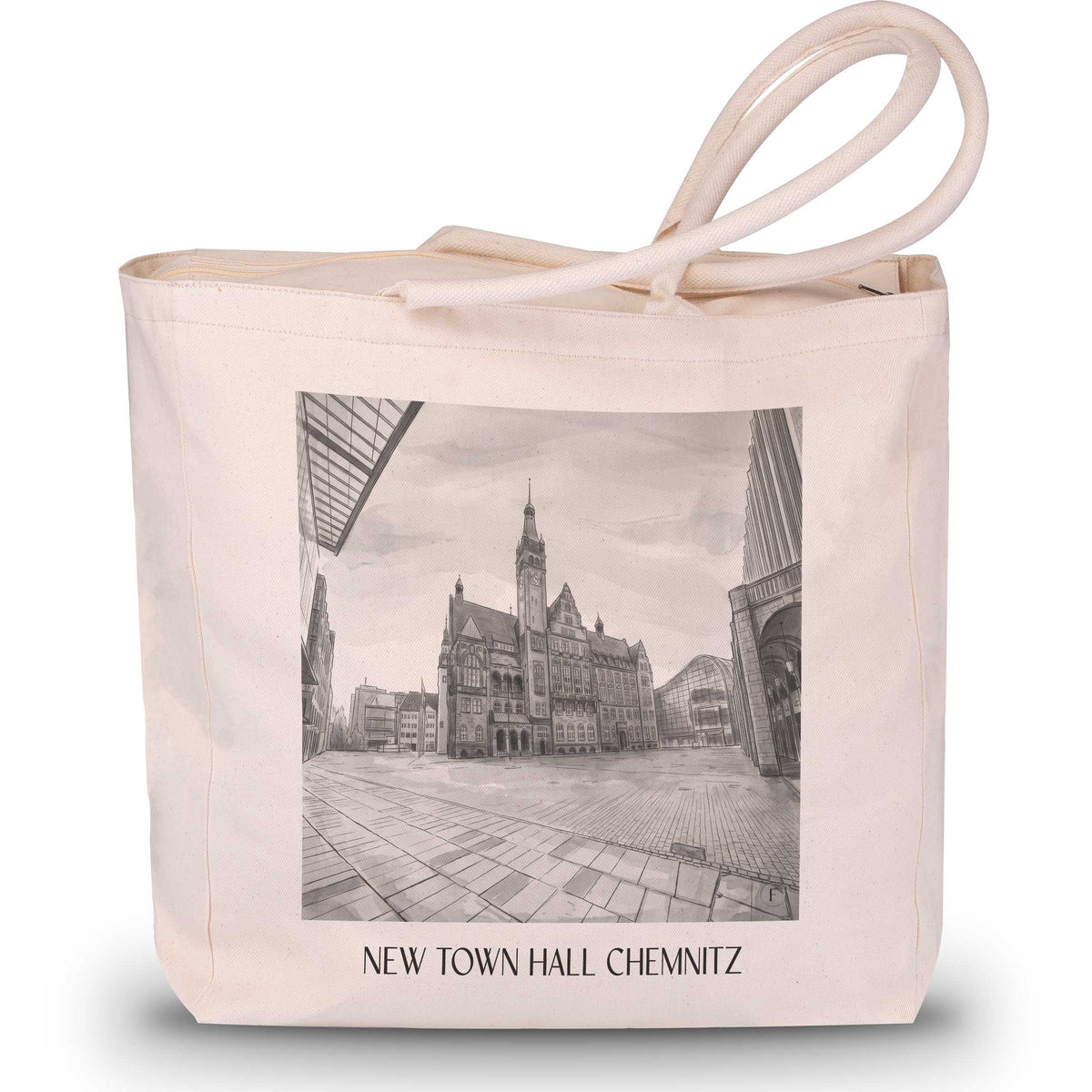 Neues Rathaus Shopping Tasche - Chemnitz - Deutschland Tote Bag - Einkaufstasche im Aquarell Schwarz-Weiß Stil - favplace