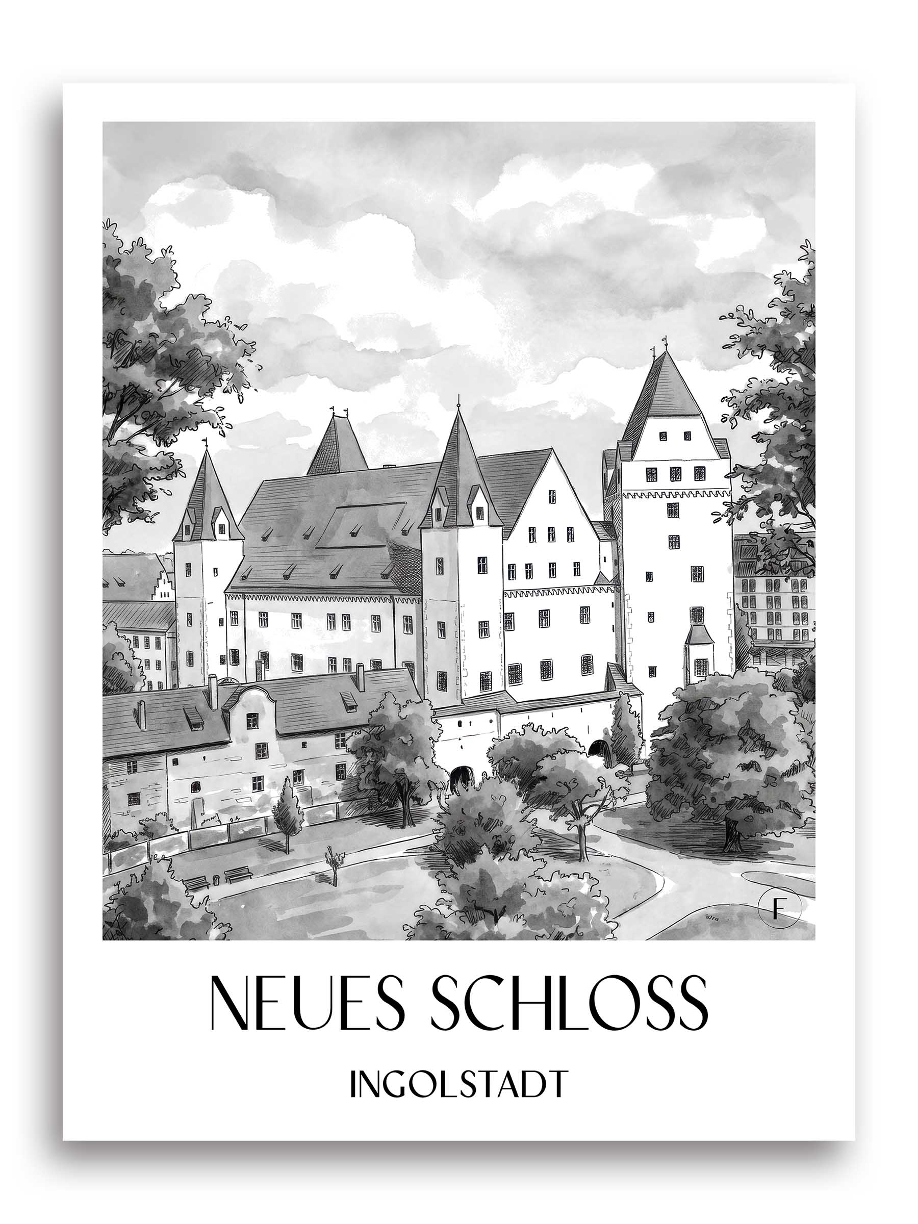 neues-schloss-ingolstadt-deutschland-poster-aquarell-schwarz-weiss