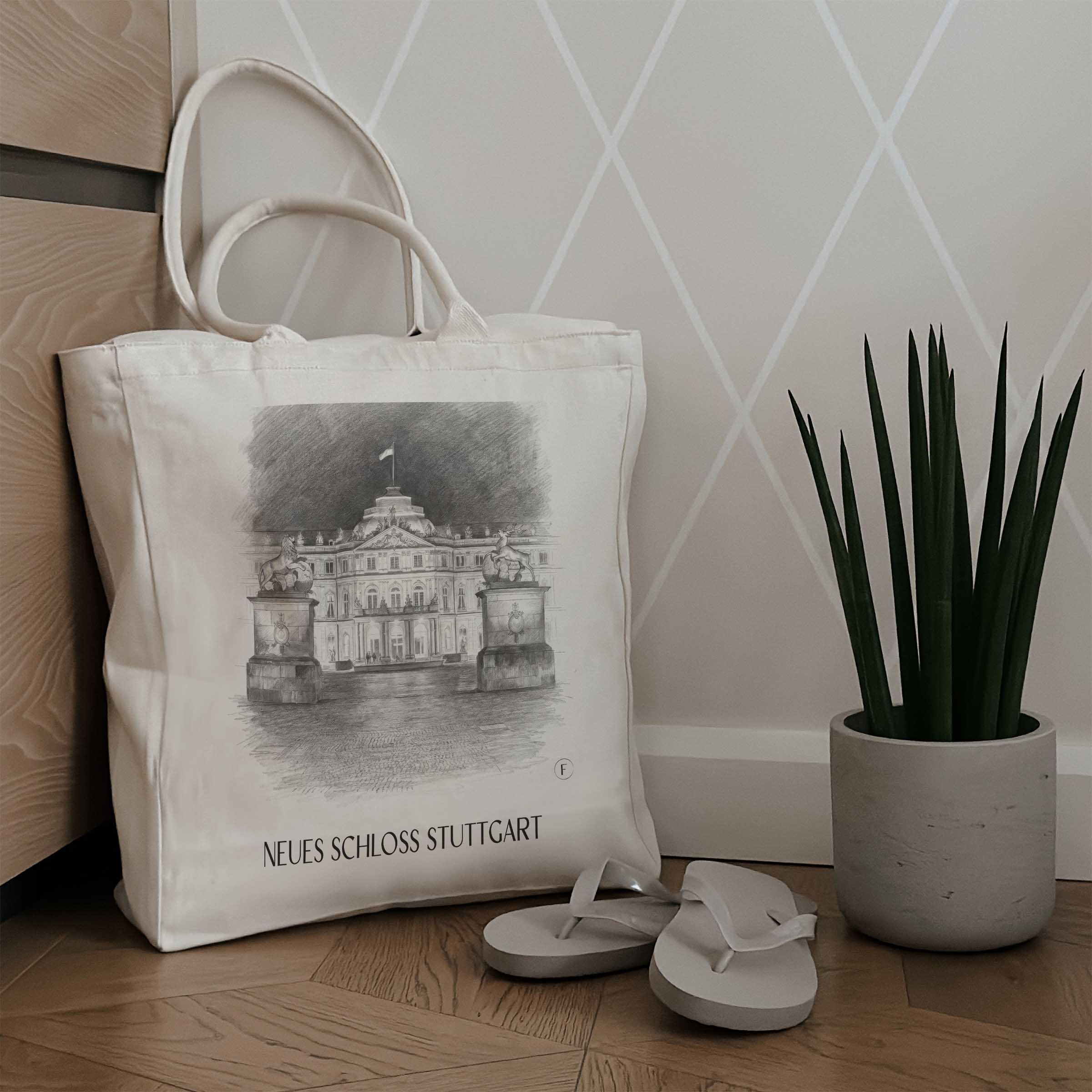 neues-schloss-stuttgart-deutschland-einkaufstasche-bleistift-zeichnung-drawing