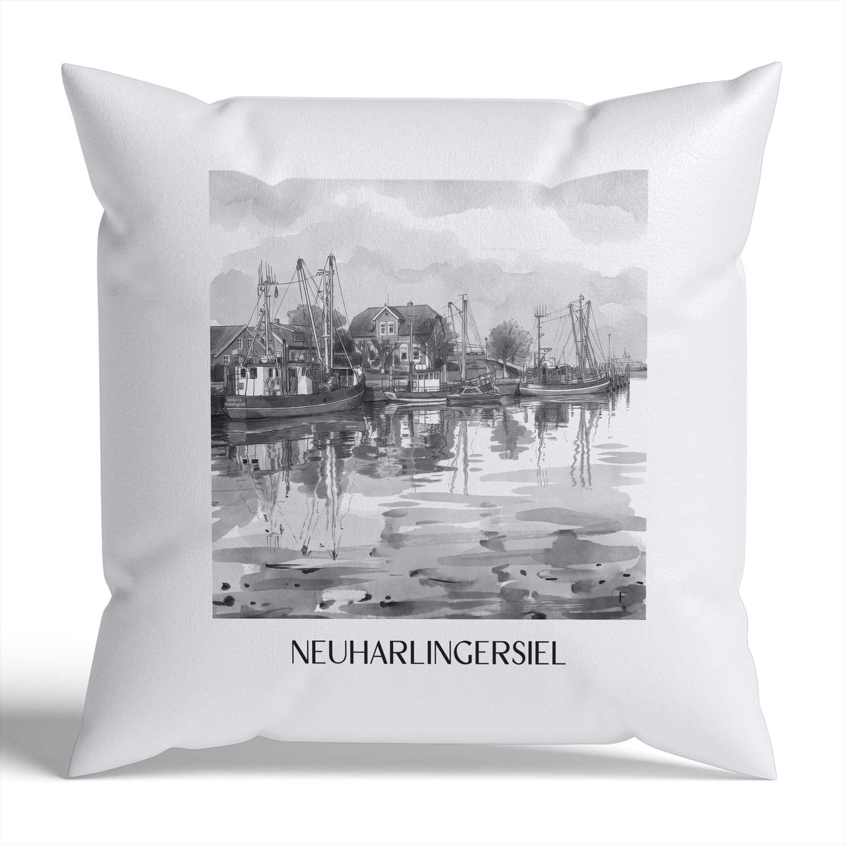 Neuharlingersiel Kissenhülle - Zierkissen Bezug - Ostfriesland - Deutschland Kissen bzw. Kissenbezug im Aquarell Schwarz-Weiß Stil - favplace