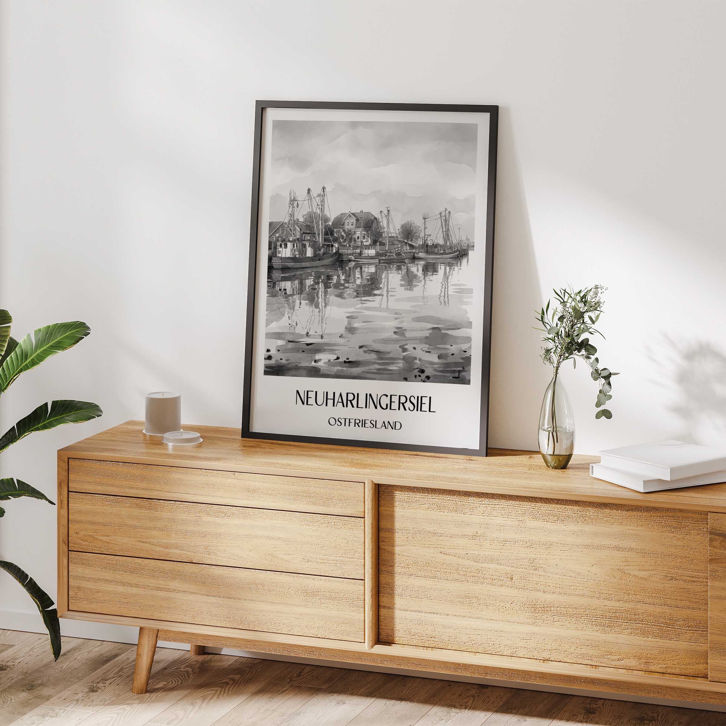 neuharlingersiel-ostfriesland-deutschland-poster-aquarell-schwarz-weiss
