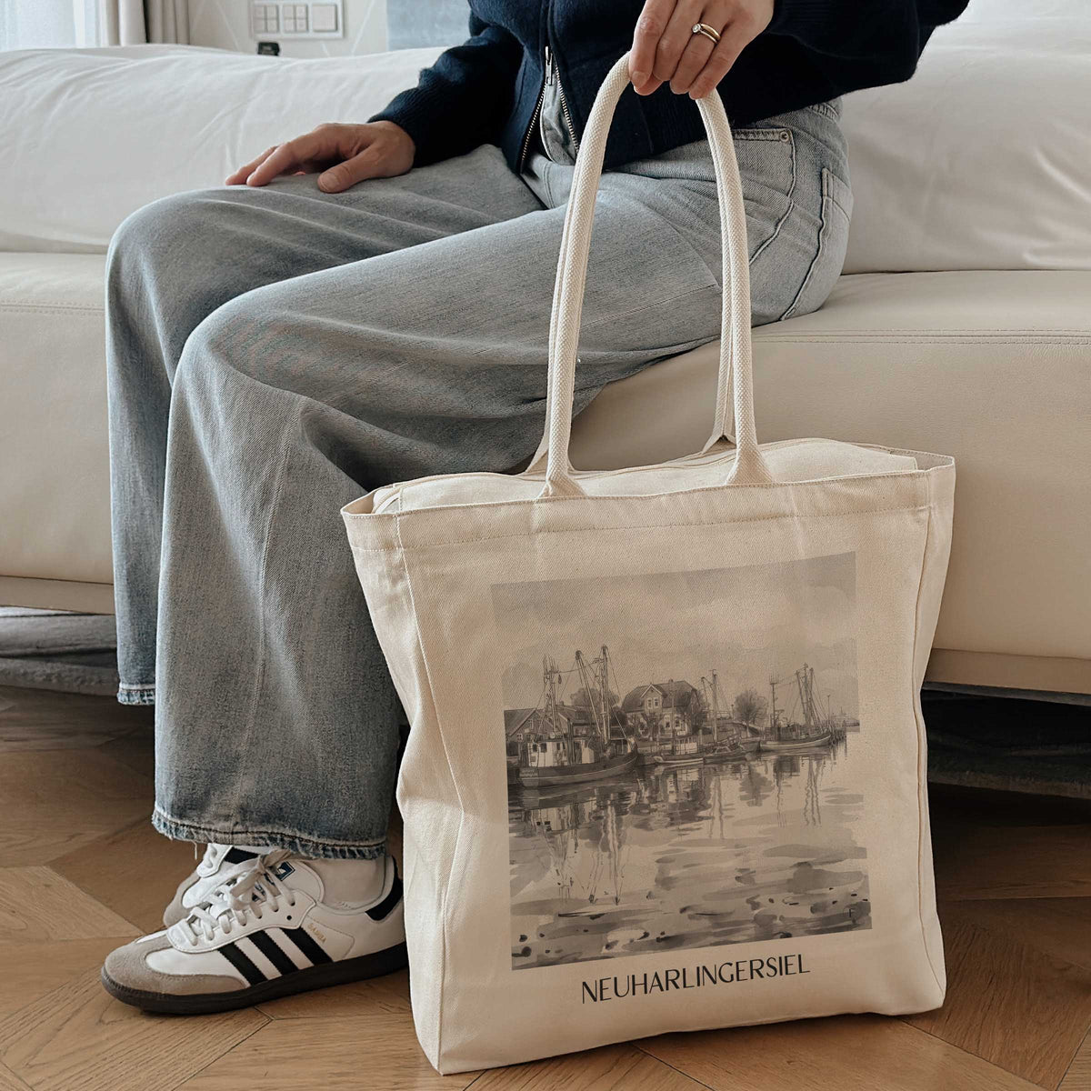 neuharlingersiel-ostfriesland-deutschland-einkaufstasche-aquarell-schwarz-weiss