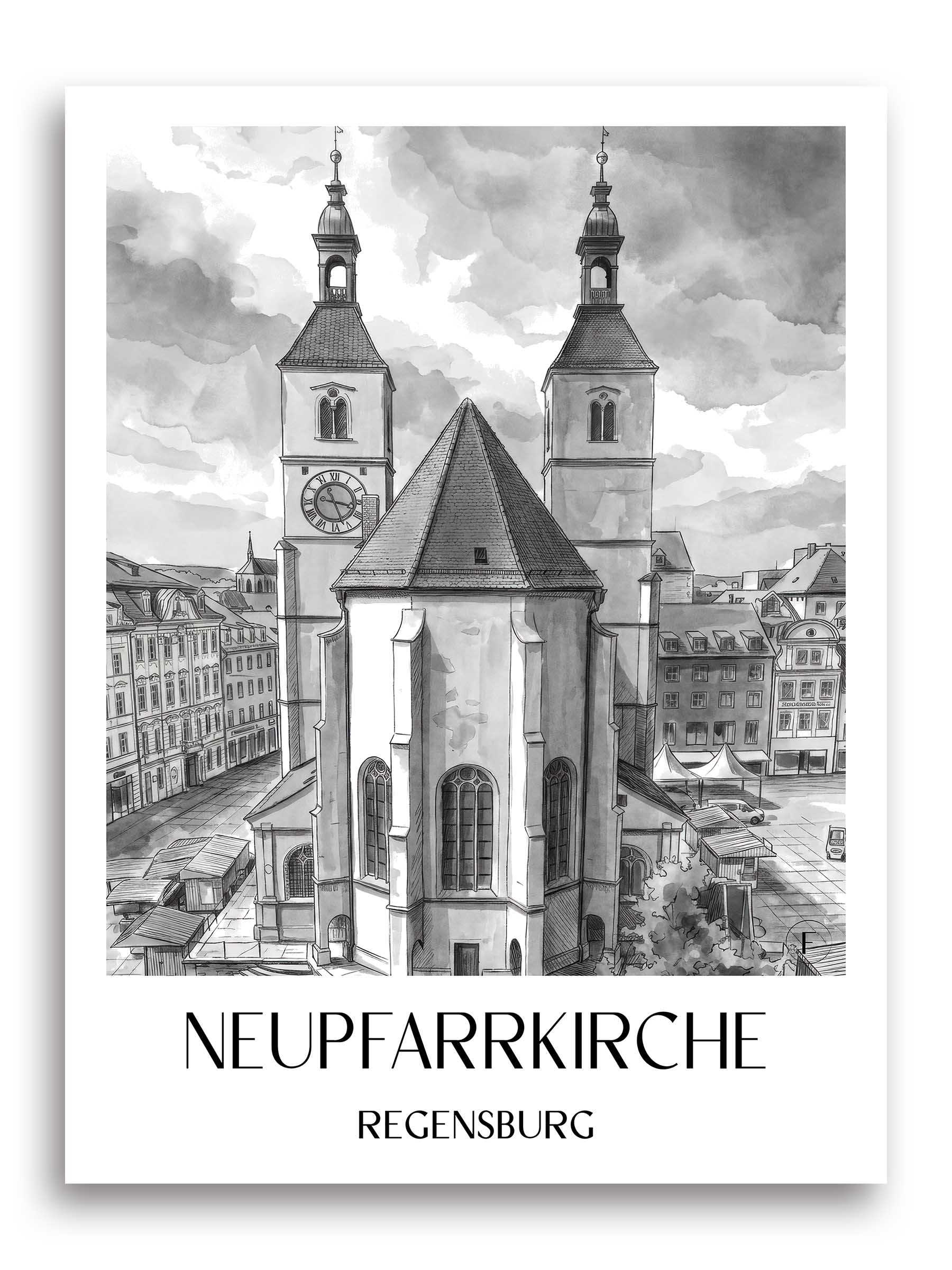 neupfarrkirche-regensburg-deutschland-poster-aquarell-schwarz-weiss